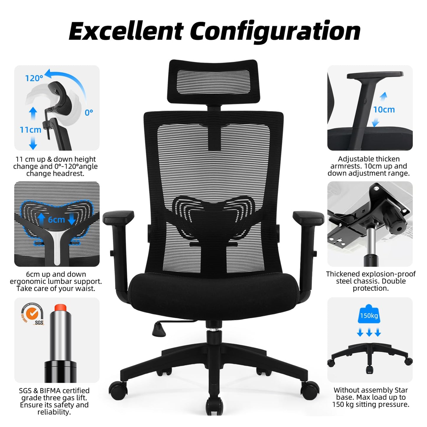 Daccormax Office Chair Ergonomic, Desk Chair with Adjustable Headrest, Armrests, Lumbar Support, Swivel Chair Tilt Function, Executive Chair made of Mesh, Back-friendly, Office Chair 150kg