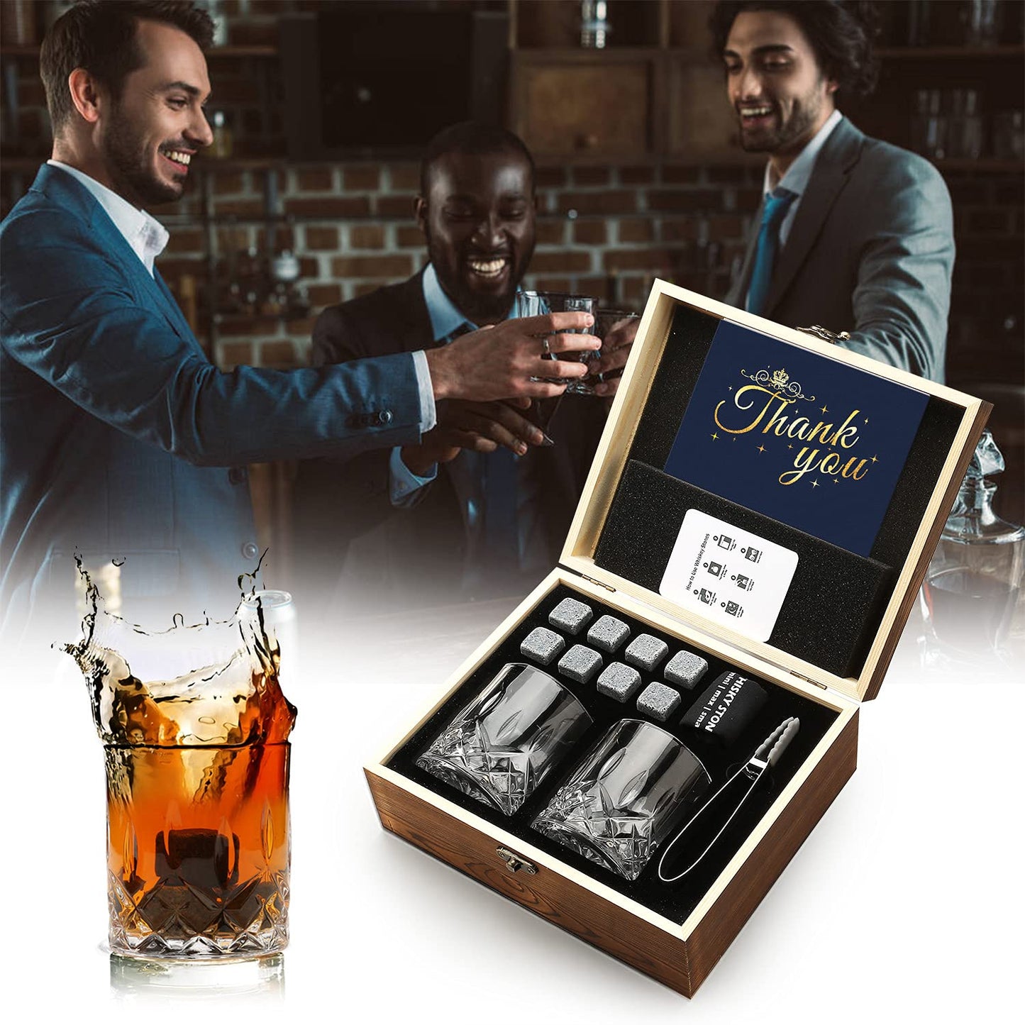 Whiskey Glass Gift Set, Whiskey Stones, Whiskey Gift Sets for Men, 8 Whiskey Stones 2 Crystal Whiskey Glasses Wooden Box Gift, Birthday Gifts for Men, Dad, Husband Valentine's Day (Round)