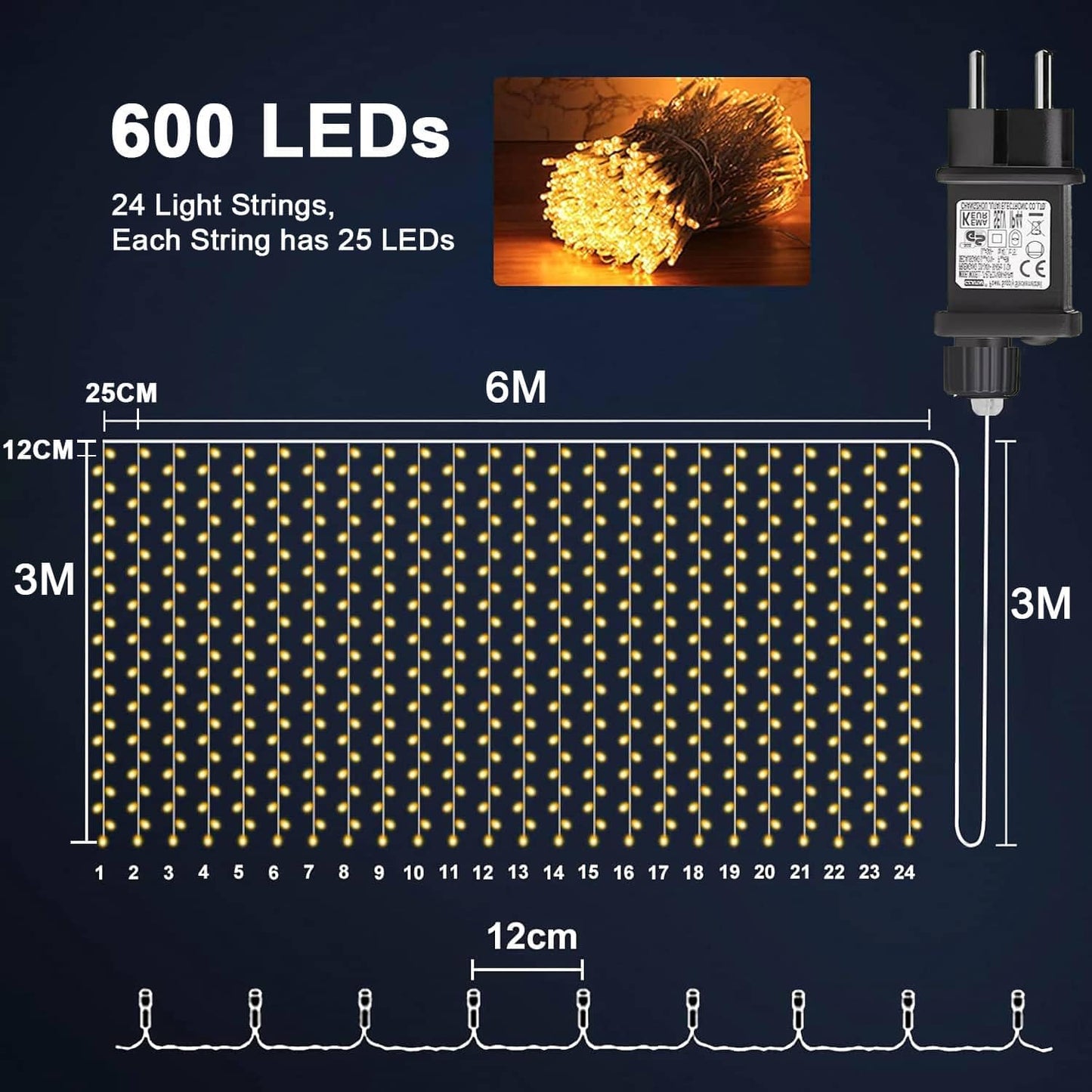 Yowin 6m x 3m 600 LED curtain lights with plug, 8 modes, waterproof waterfall light chain for outdoor/indoor use. Perfect for room, wedding, garden, pergola, and Christmas decoration.