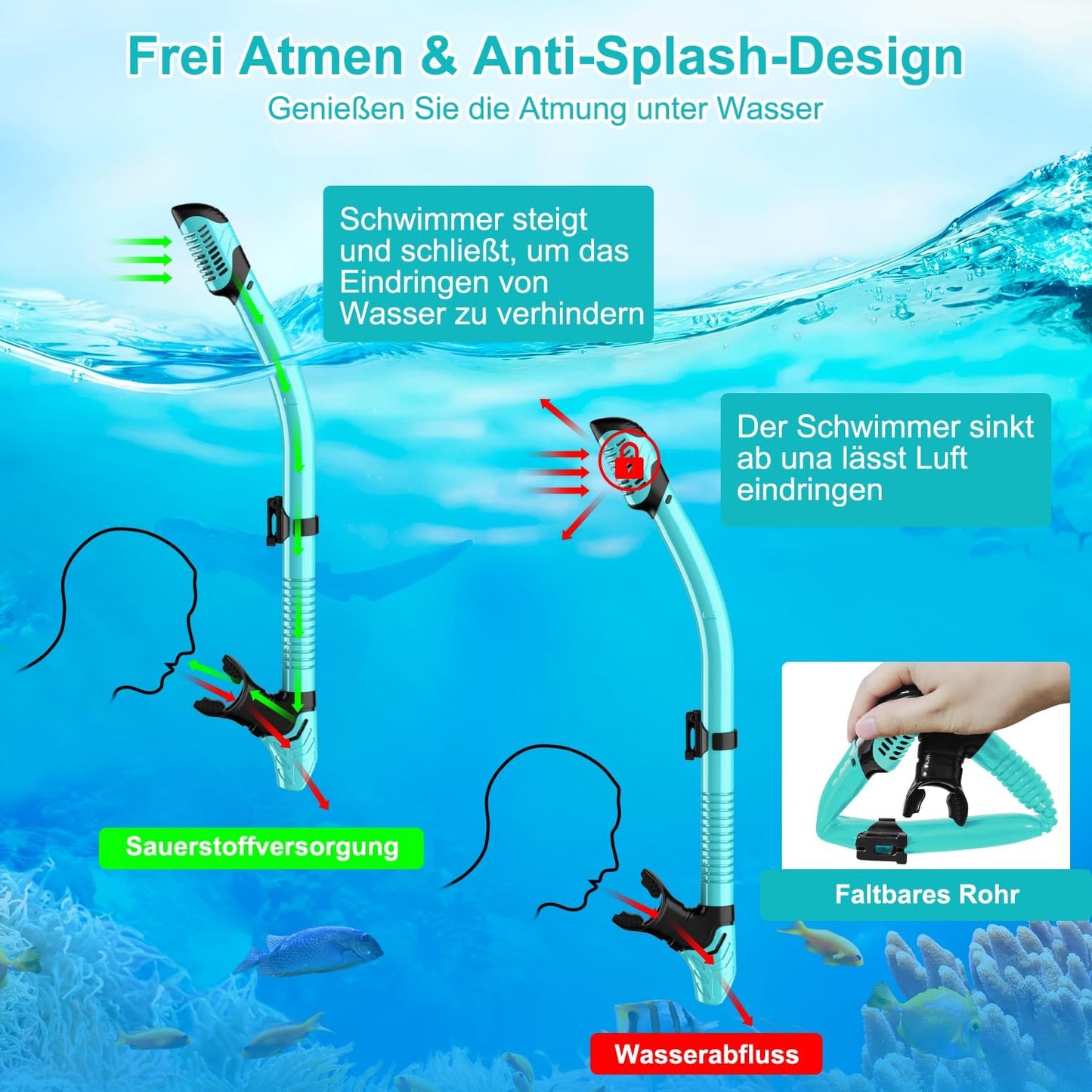 Adult diving mask snorkel mask 180° panoramic view diving mask leak-proof anti-leak swimming goggles for diving (water green-with snorkel)