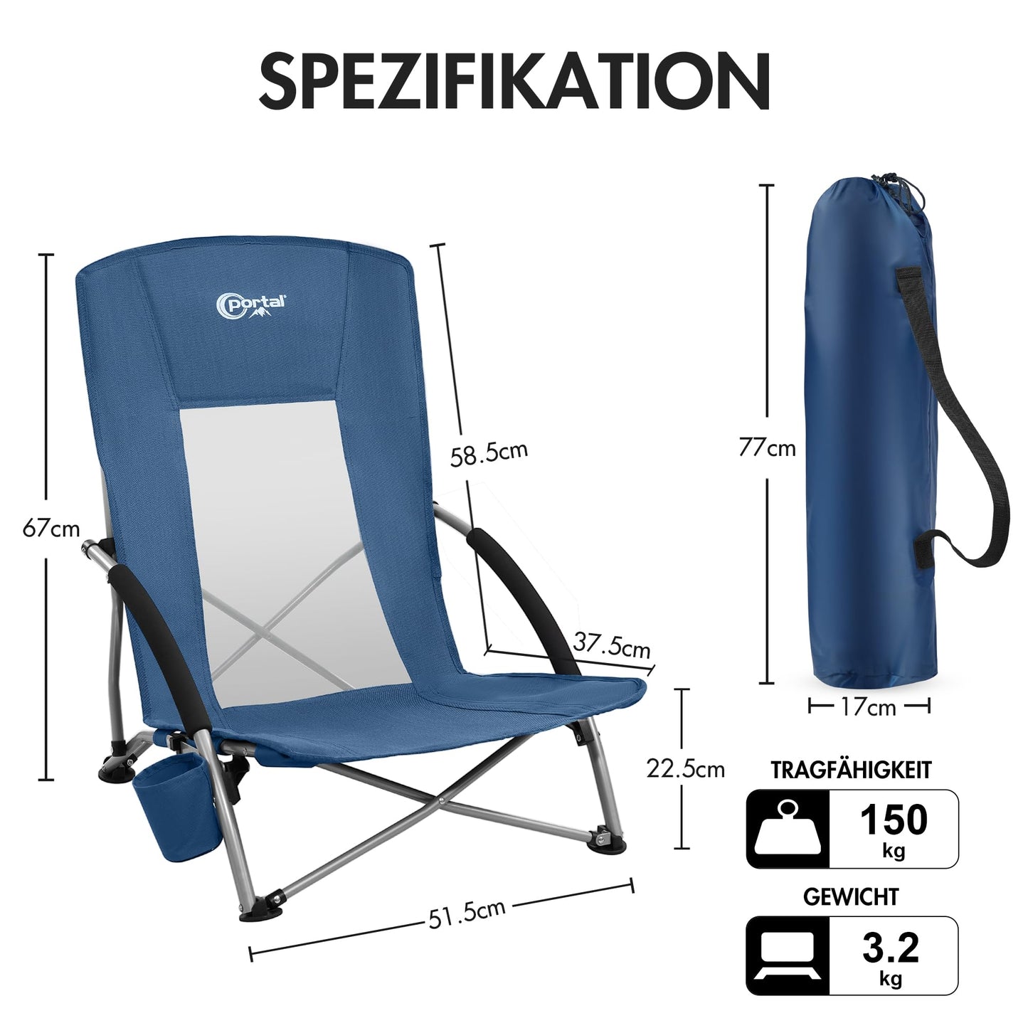 Portable beach chair, foldable and lightweight camping chair, supports up to 150KG, low breathable fabric, portable foldable chair with carry bag, drink holder for beach, garden, hiking.