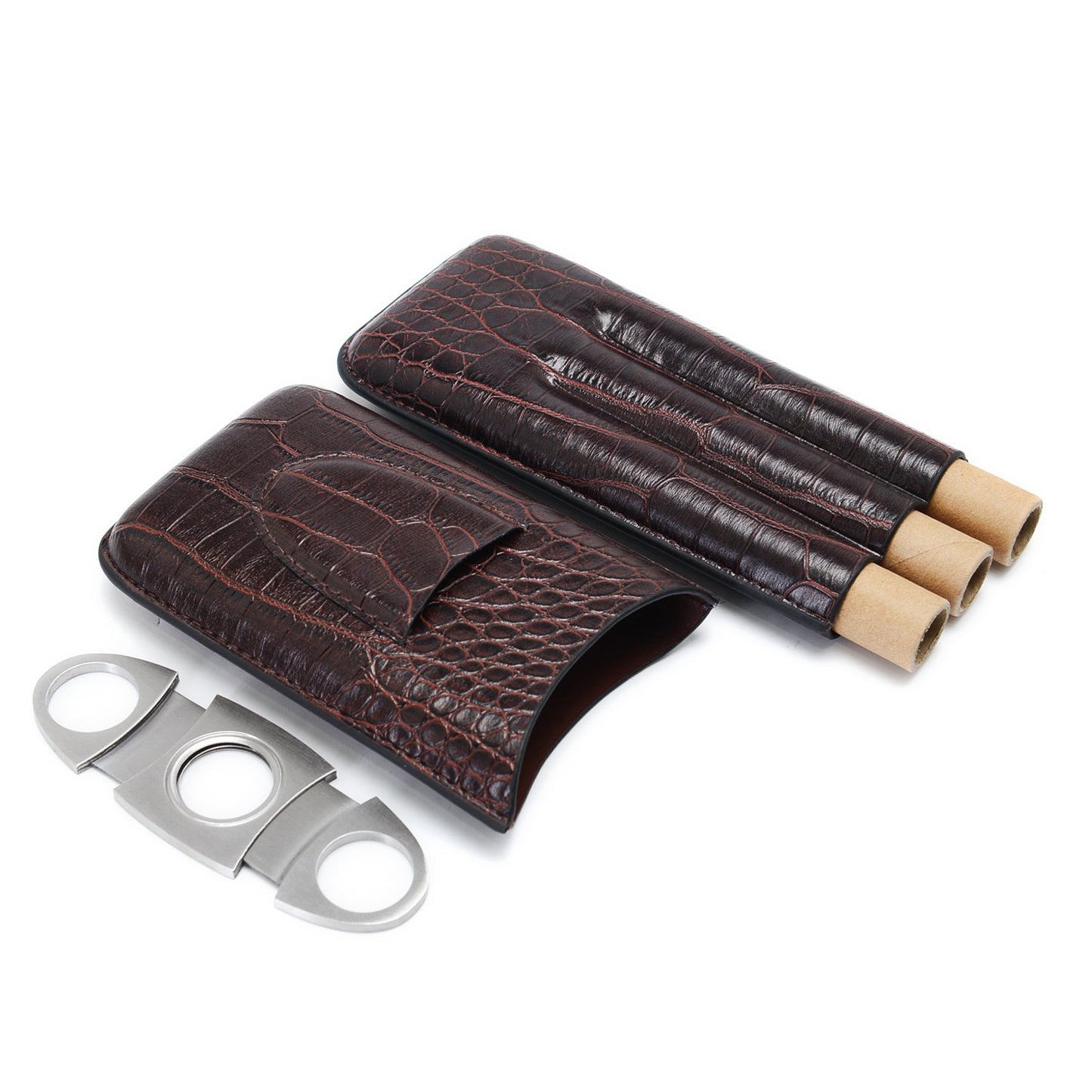 Cigar case, cigar set, leather cigar case, humidor cigars, travel humidor, 3 holder genuine leather cigar case with cigar cutter, perfect gifts for men (brown)