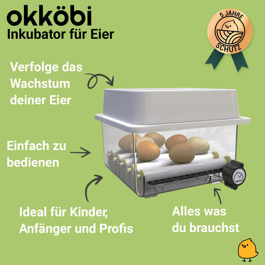 Incubator Fully Automatic 12 Eggs - Ideal for all age groups | Hatching Chickens Egg Turning and Moisture Control - Integrated Eggshell + 5 Year Protection - Okköbi OBI-12