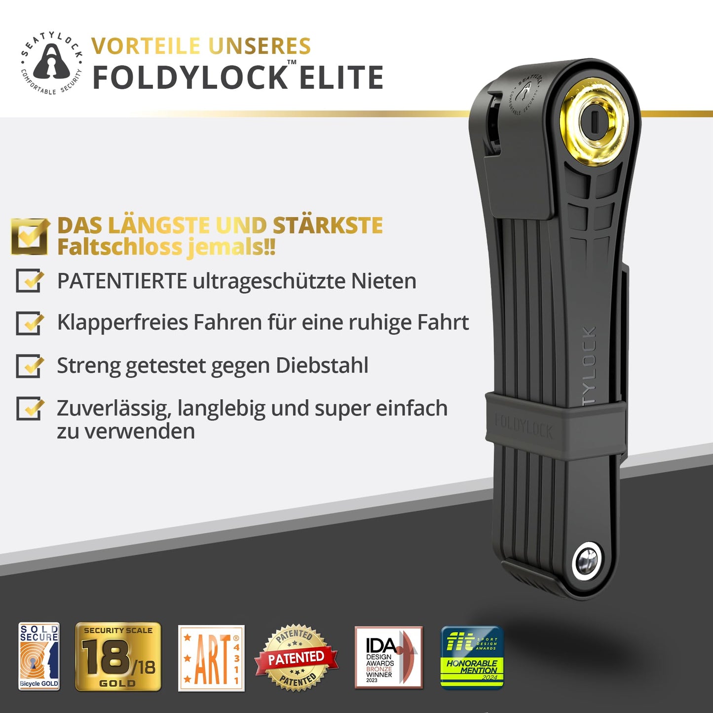 FoldyLock Elite bike lock with key - Patented folding lock with mounting bracket - Sold Secure Gold winner bicycle accessory - High security for city bikes and eBikes - 110 cm