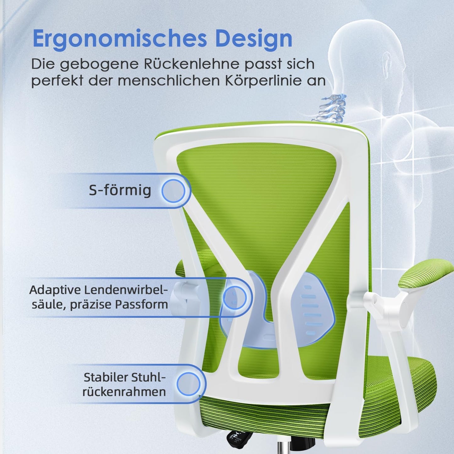 Hinonde office chair, Ergonomic office chair, Height adjustable office chairs, Swivel chair with lumbar support, Desk chair with foldable armrests, Mesh chair with rocking function, Green office chair.