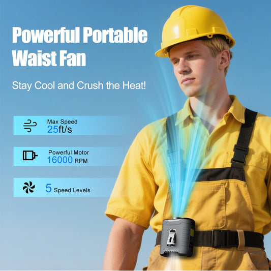 6-in-1 Waist Clip Fan, 10000mAh Battery Fan, 5 Speeds, 8-40h Runtime USB Rechargeable, for Construction, Outdoor, Hiking, Summer Work with COB Light & Power Bank.