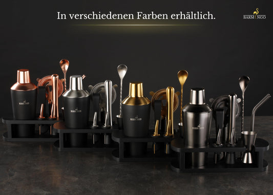 BARMINGO® Stainless Steel Cocktail Set 11pcs. - 700ml Cocktail Shaker Set with Stand and Bar Accessories, Cocktail Shaker Set | Bartender Set | Cocktail Mixing Set | Bar Set | Gift Set | Black & Gold