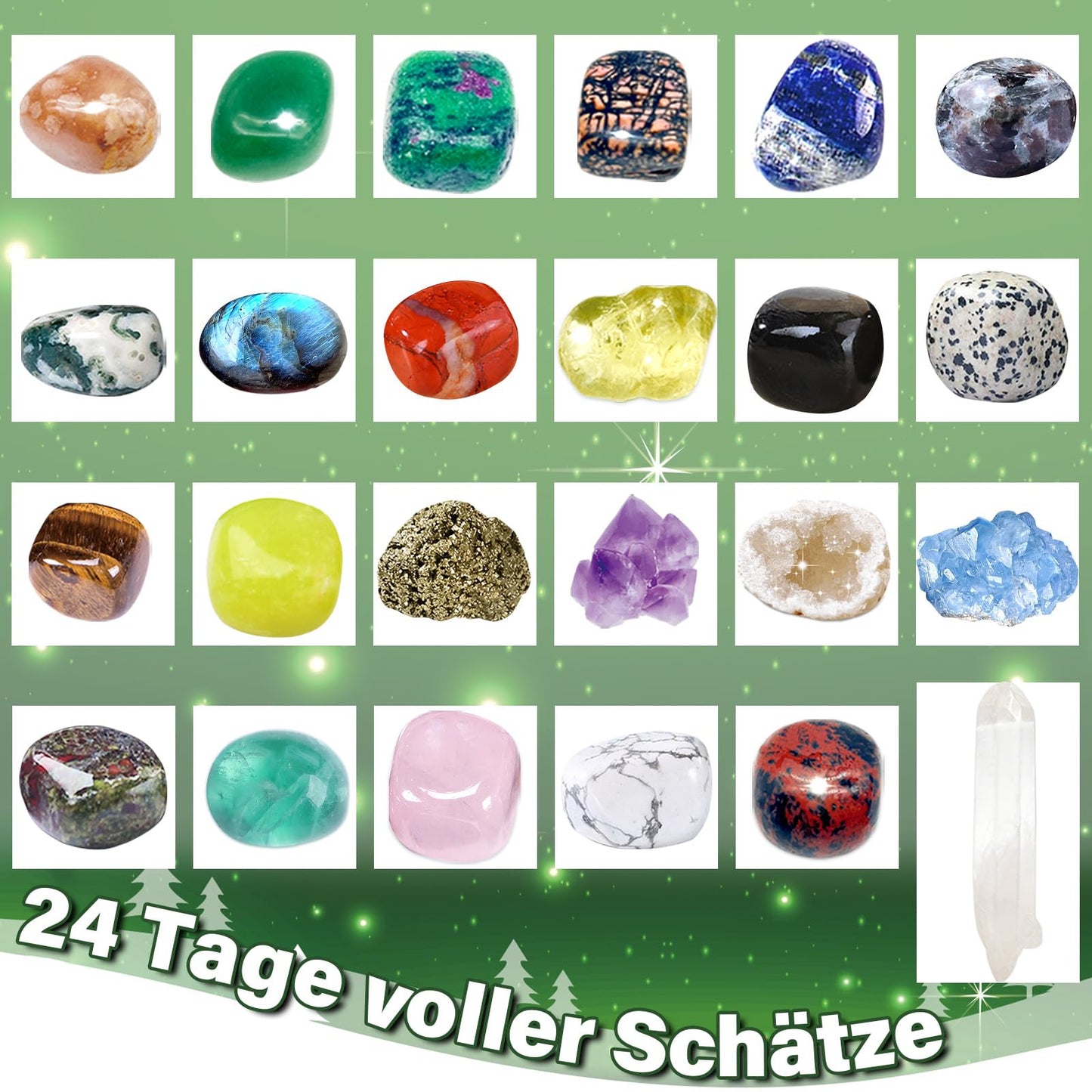 Gemstone Advent Calendar, Christmas Countdown Calendar 2025, 24 Natural Crystals, Gemstones, and Minerals for Collecting and Learning, Christmas Gift for Children-German Edition