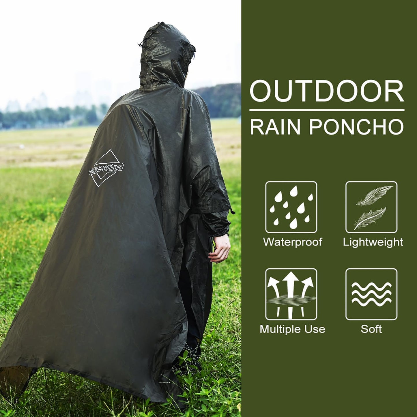 Onewind rain poncho for men and women, lightweight waterproof raincoat with hood and adjustable straps for camping, hiking, trekking, OD green.