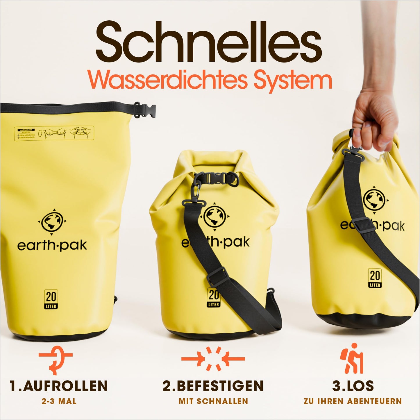 Earth Pak - Waterproof dry bag with shoulder strap and waterproof phone case - Ideal rolltop bag for kayaking, hiking, camping, fishing, boating, and rafting (Yellow, 55L)