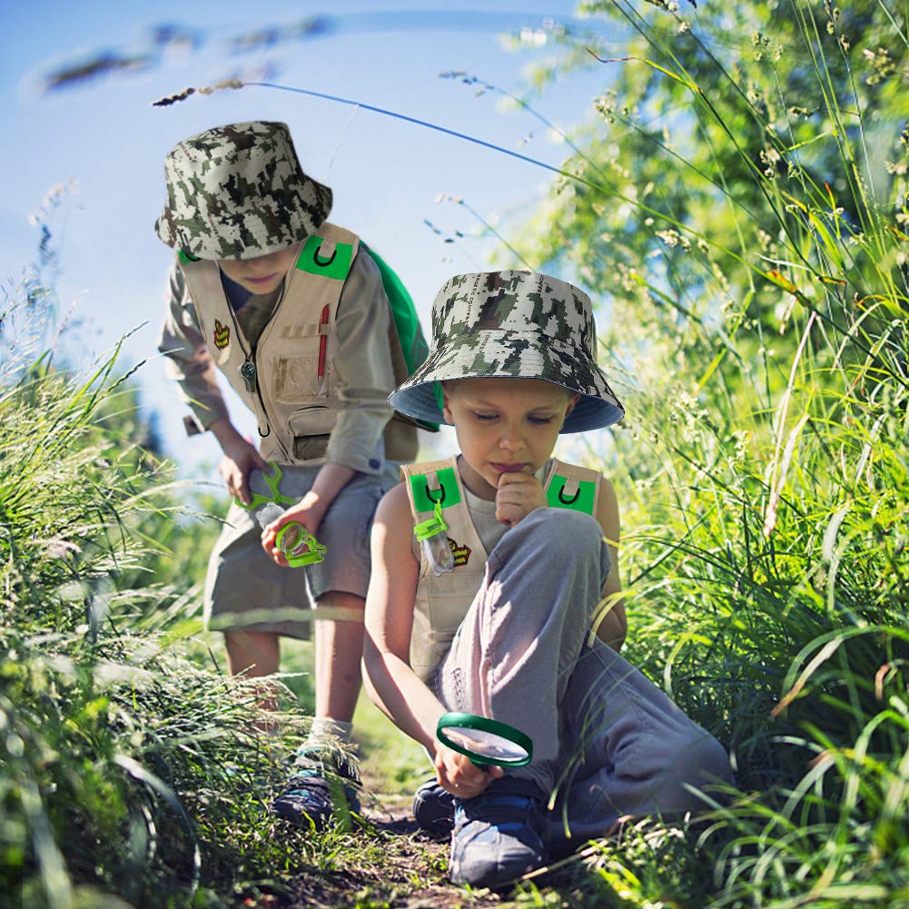 Outdoor Explorer & Bug Catcher Kit with kids vest, binoculars, magnifying glass, butterfly net, hat, and backpack, Adventurer Set gifts for 3-10 year old boys toy