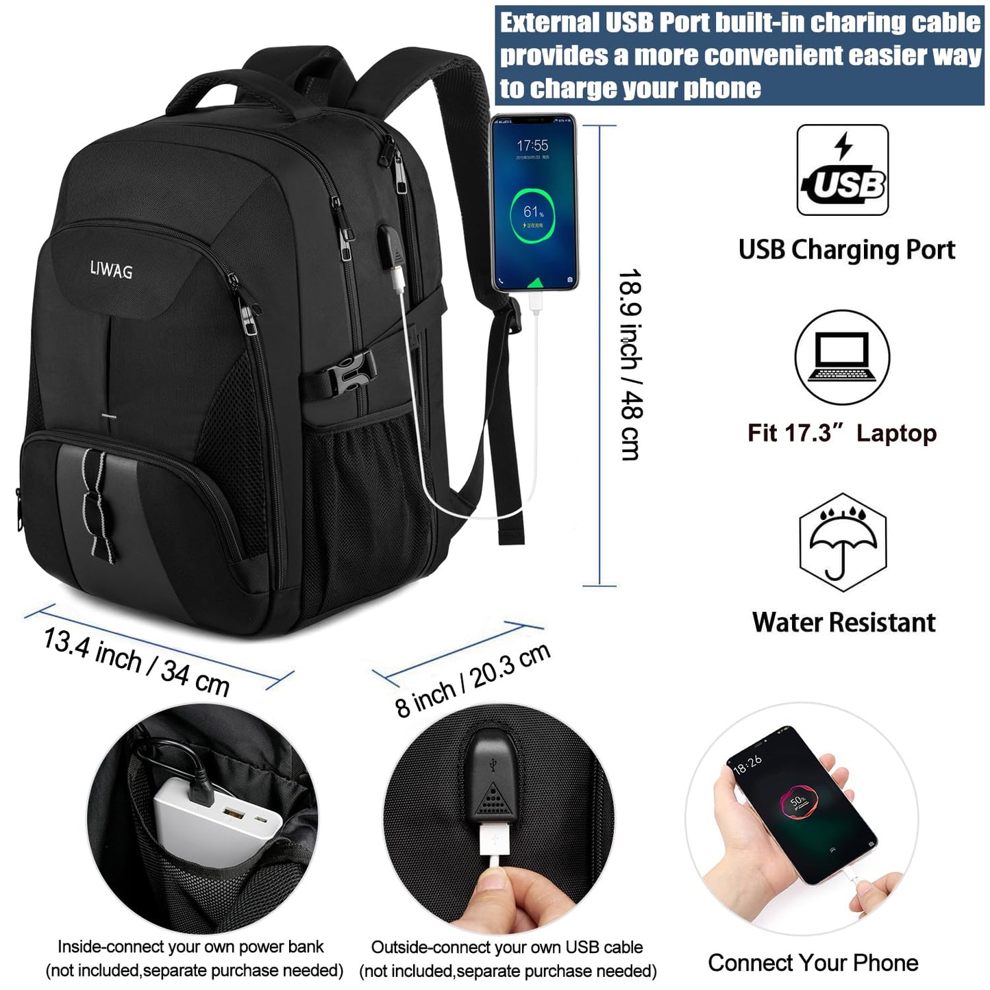 Extra Large Backpack Men 50L Waterproof Work Laptop Backpack for 17 inch with USB Charging Port Business Travel Notebook School Backpack for Men Women Boys Teenagers Black