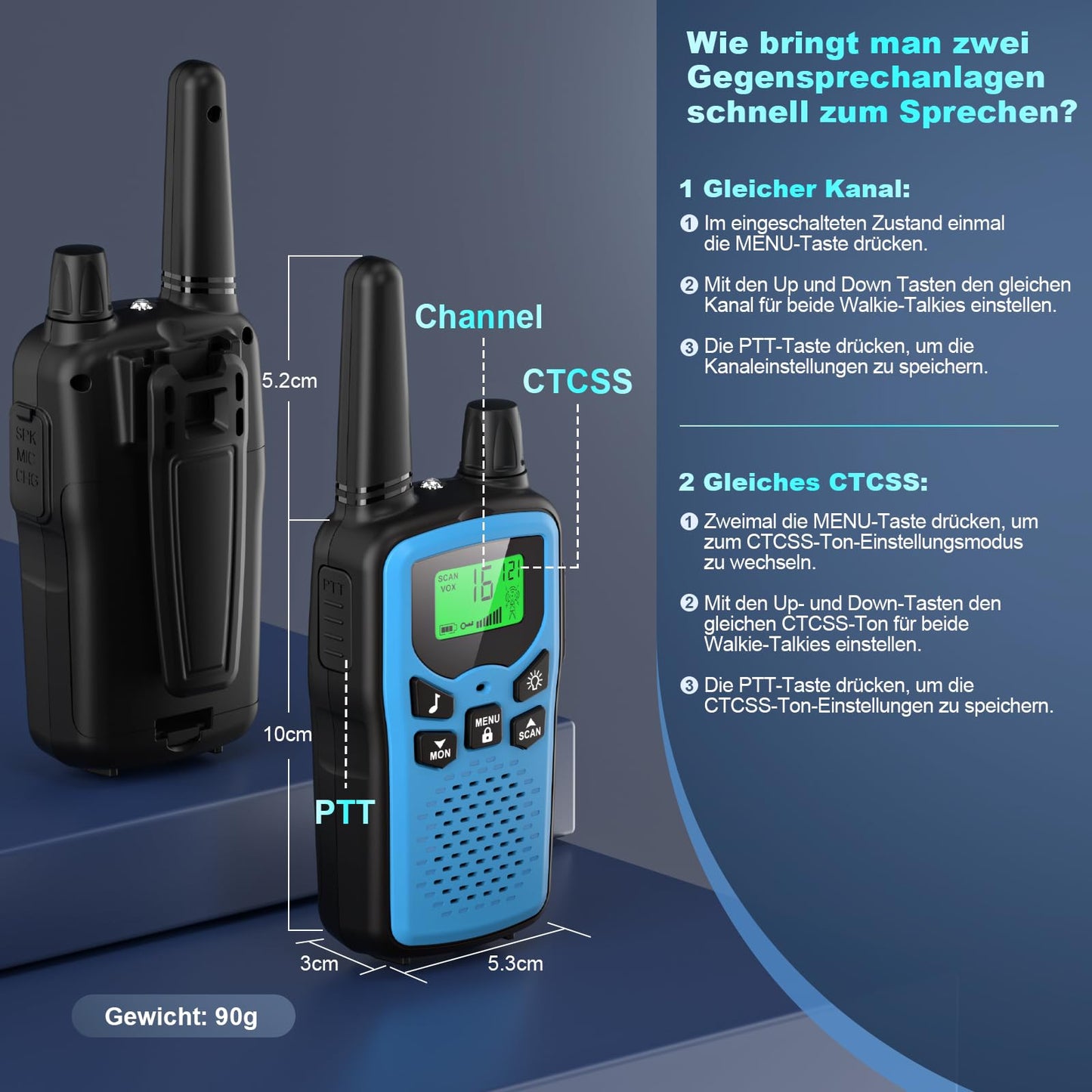 Walkie Talkie 3 piece set for kids, rechargeable, Rabigala walkie talkies with 5km long range for adults, Li-ion battery, VOX hands-free function, LED flashlight, LCD