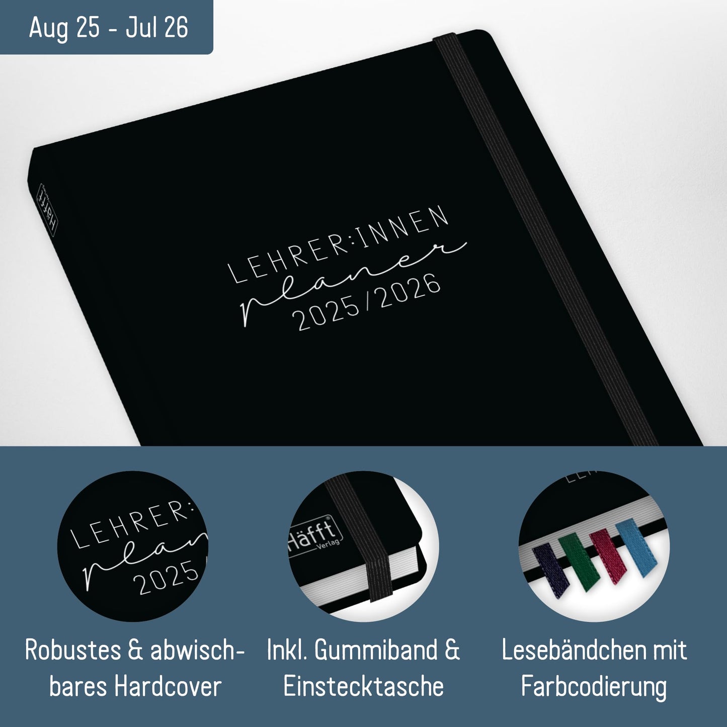 Häfft® Teacher Planner 2025/2026 A5 + "Black Edition" Hardcover teacher planner/school year planner with 236 pages, stickers, and more - sustainable & eco-friendly.