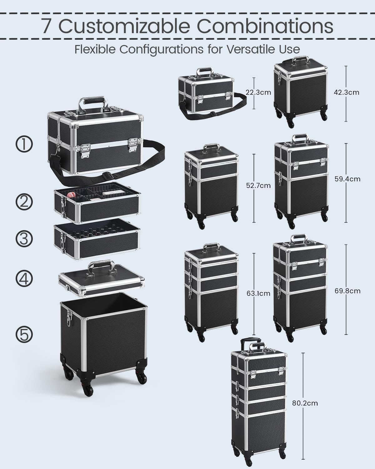Yaheetech 5-in-1 hard shell cosmetic case, lockable makeup case, large hairdresser case with 360° rotating wheels, ample storage