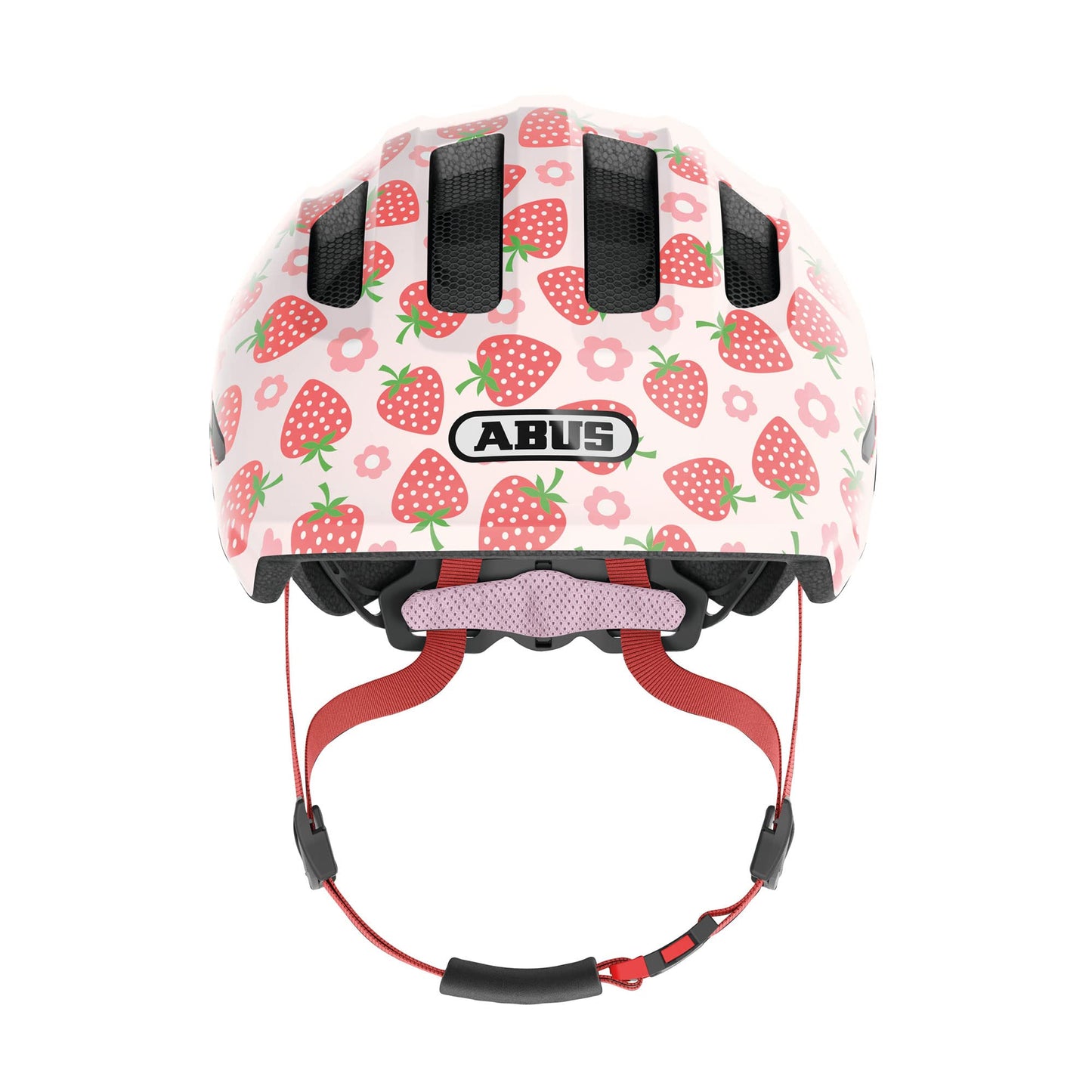 ABUS Kids Helmet Smiley 3.0 LED - Bike Helmet with Light - snug fit for ponytails - for girls and boys - Pink with Strawberry design, Size S, S (45-50 cm)