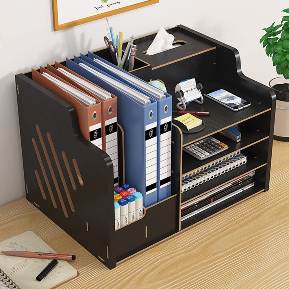 Wooden desktop organizer, large capacity, tidy storage holder, DIY office supplies, storage box for A4 papers, documents, and notebooks (JB07 Black).