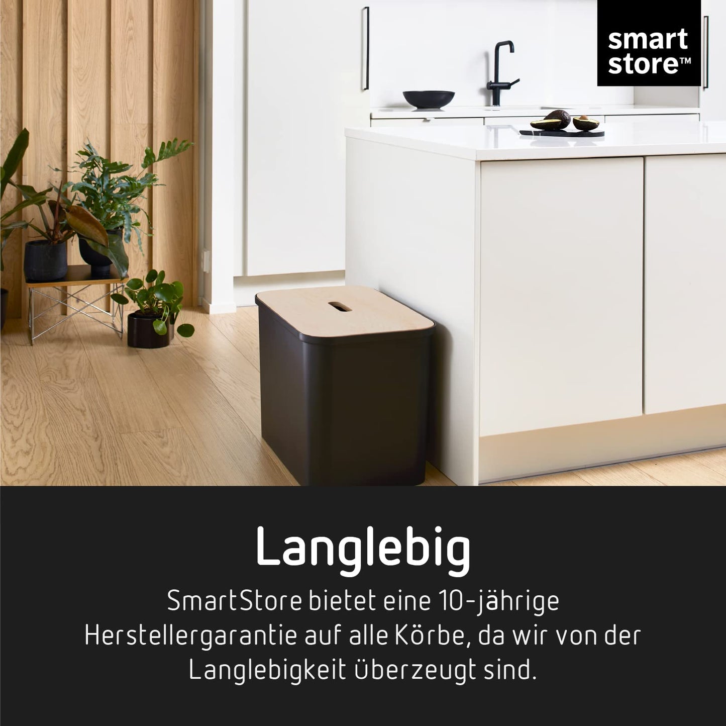 SmartStore Recycling Trash Can - 76L large kitchen bin with wooden lid, 3 x 13L bucket inserts, 2 x small lids - sturdy recycling bins for the kitchen - black kitchen bin (L x W x H) 57 x