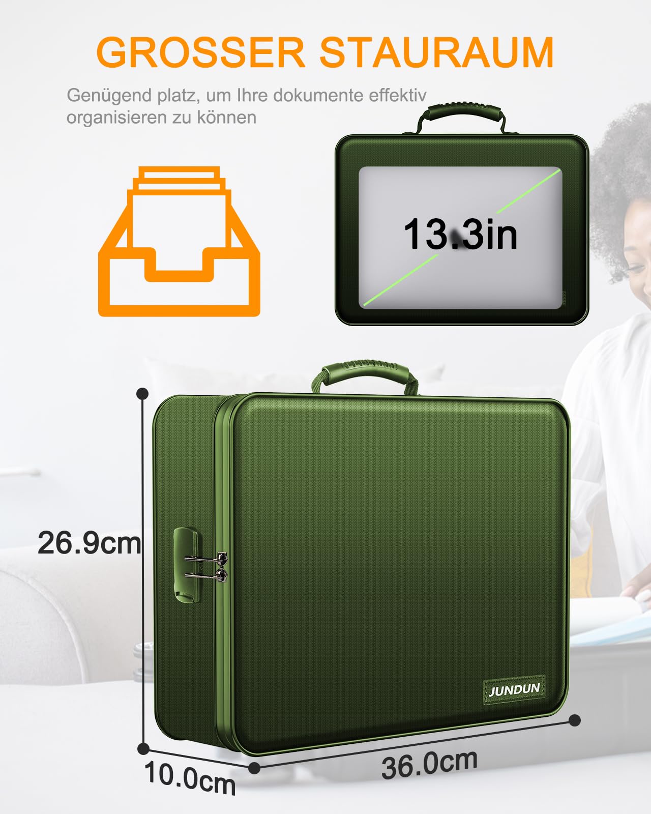 JUNDUN Document Organizer, Fireproof Document Bag with Lock, Document Storage Box with 7 Compartments, File Organizer, Portable Briefcase for Important Documents, File (Green)