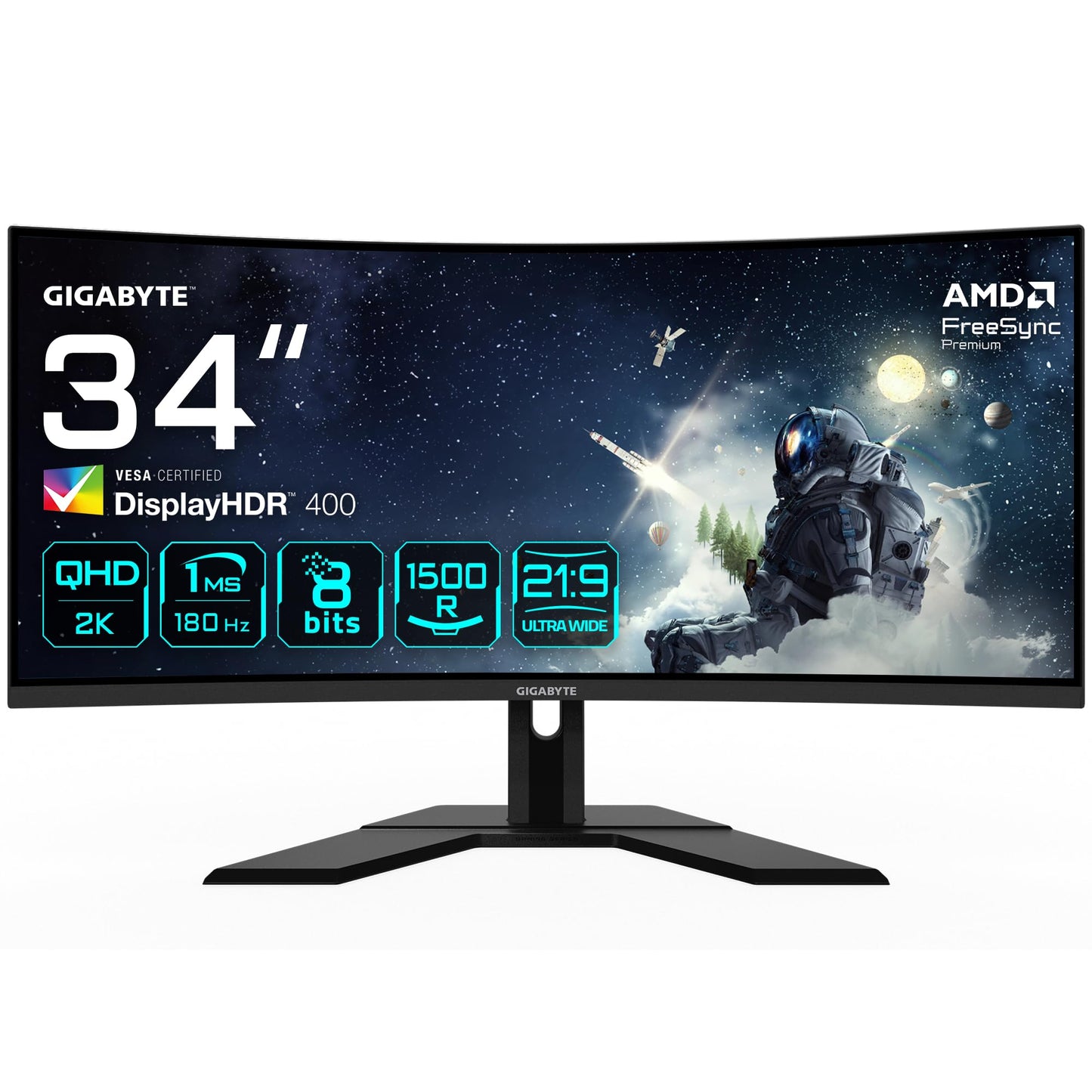 Gigabyte G34WQCP 34" WQHD Curved Gaming Monitor - 3440 x 1440, VA panel, 180Hz refresh rate, 1ms response time, 1500R curvature, 350 cd/m² brightness, FreeSync Premium, DisplayHDR 400, HDMI 2.0, DisplayPort 1.4