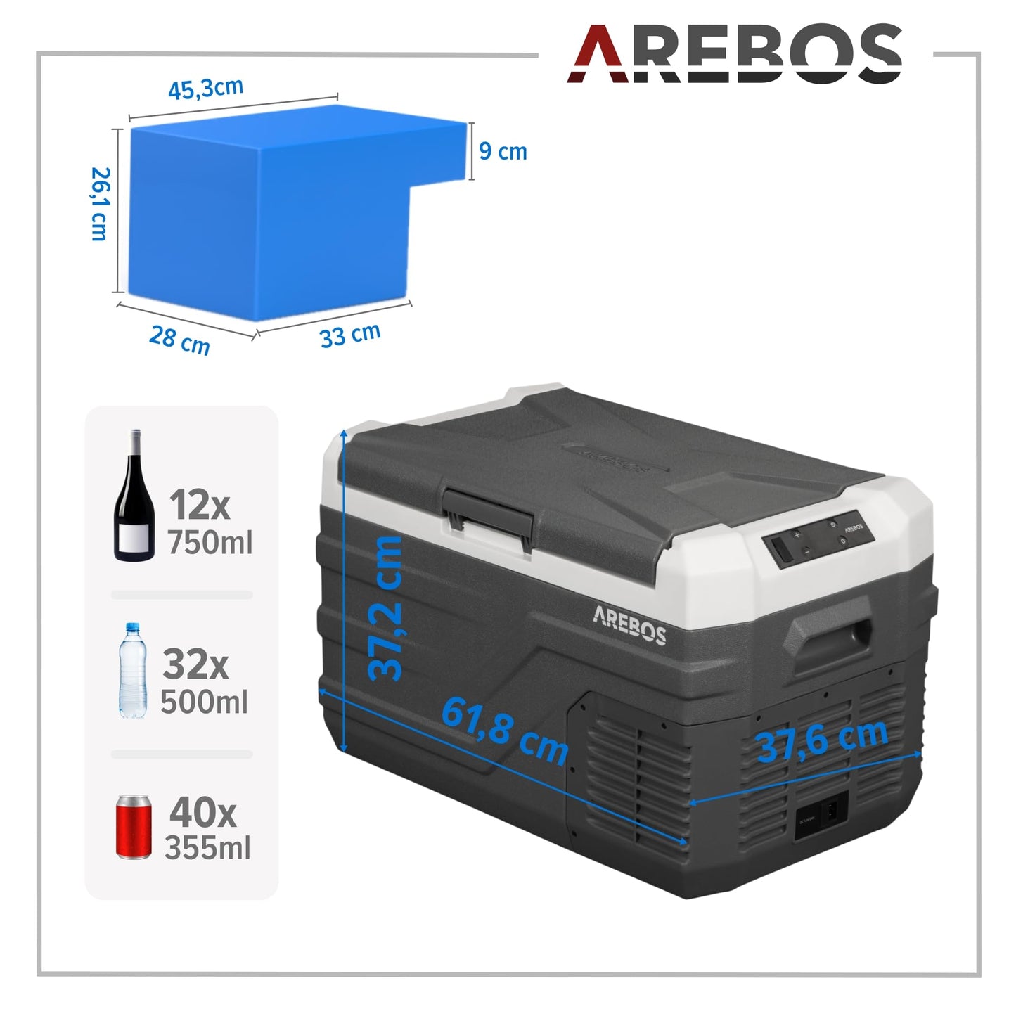 Arebos Compressor Cooler Box 26 Liter | Electric Freezer Box with APP & Smart Control | Portable Cooler with USB Port | up to -20°C | 12/24 V 230V | for Car, Truck, Camping, Boat, RV