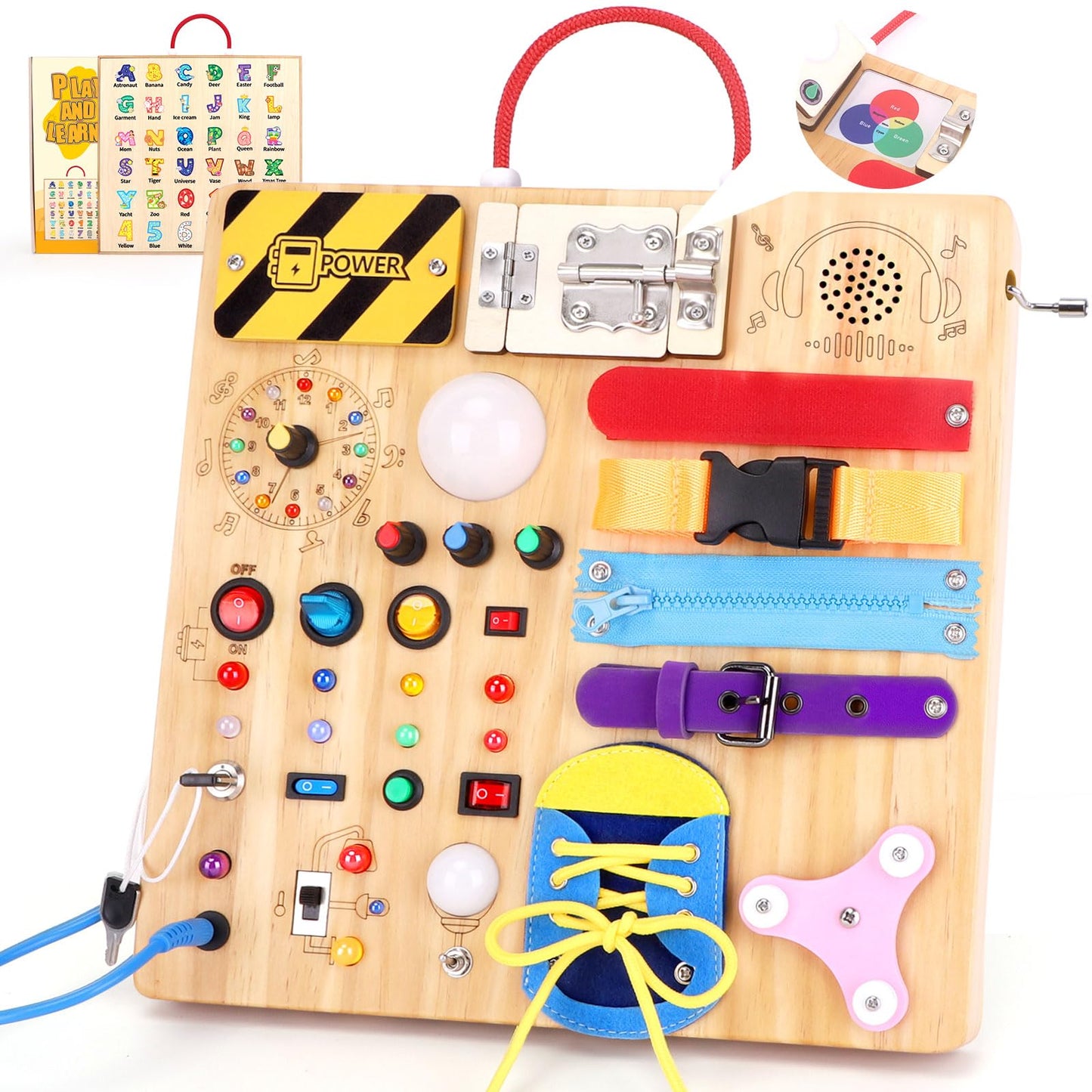 23 in 1 Busy Board Montessori toy from 1 year old Activity Board toy from 2 3 years old Wooden toy Sensory toy with 15 switches, 26 LED lights, music box, lock, zipper, shoelaces