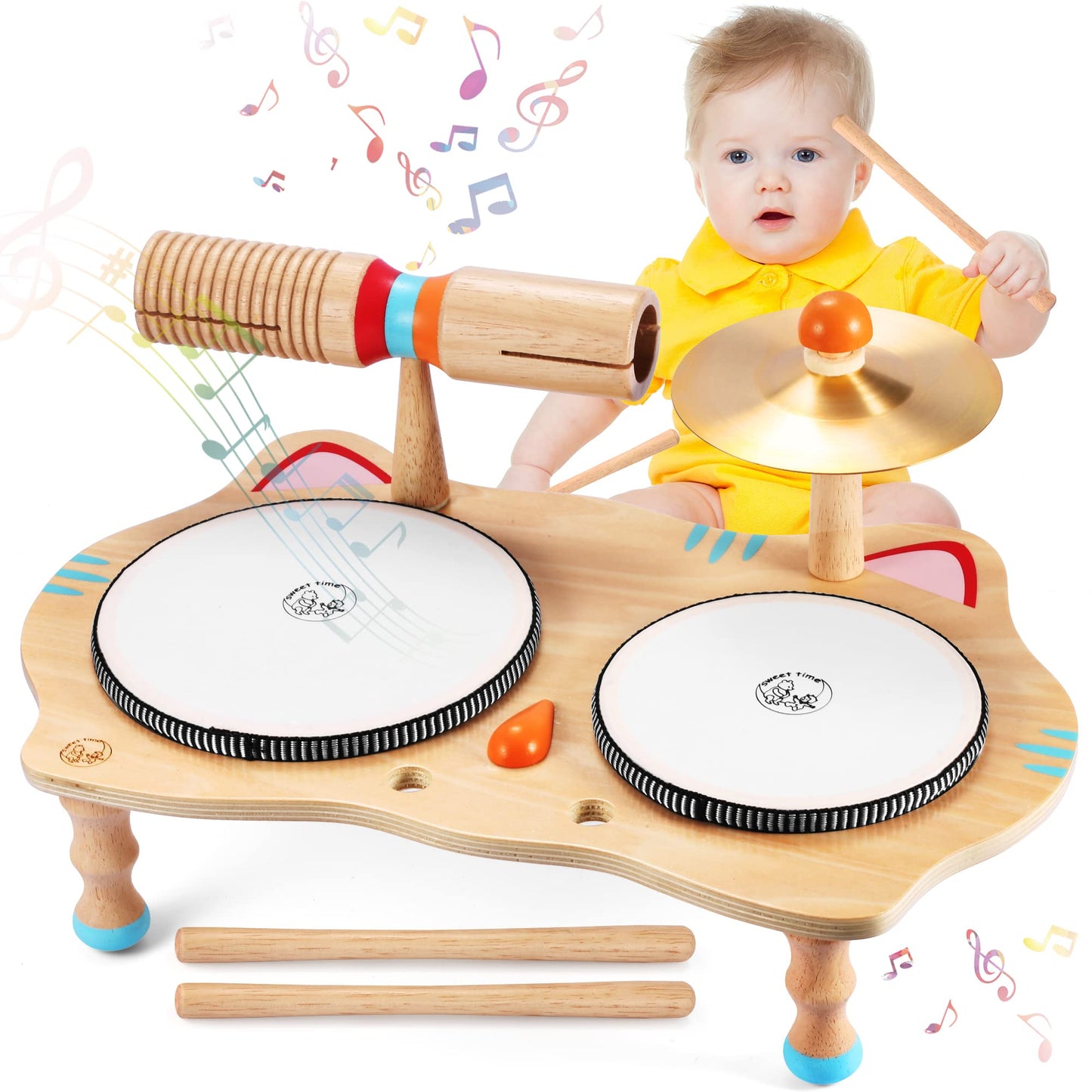 Sweet Time musical instruments for children, music kids' toys with xylophone, wooden percussion set, drum kit rhythm toy for toddler boys and girls (children's drum set)