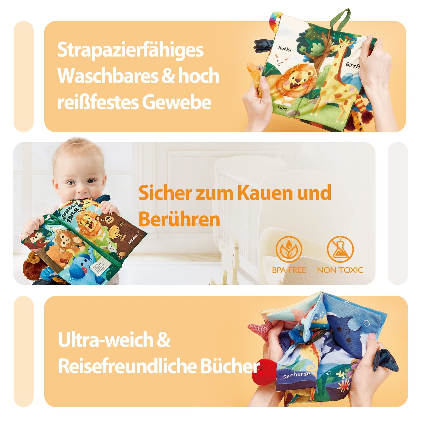 hahaland Baby Book Baby Cloth Book - 2 Piece Book Toy 0 Months - 3D Picture Book Touch Book Crinkle Book from 0 3 6 Months, Quiet Book Gift for Boys Girls