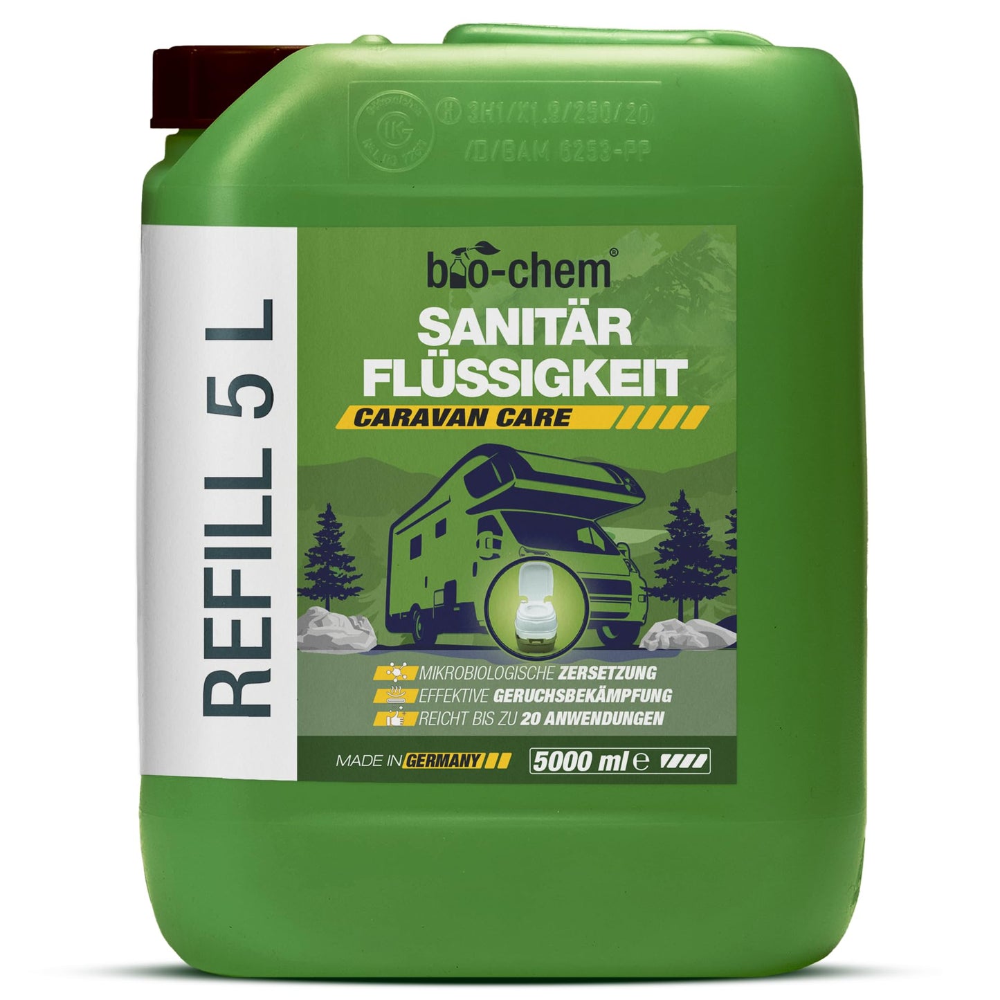 Bio-chem sanitary fluid for camping toilet - 5 L incl. dosing beaker - Highly concentrated microbiological toilet additive - Acts against faeces, paper & odours in the waste tank - Made in DE