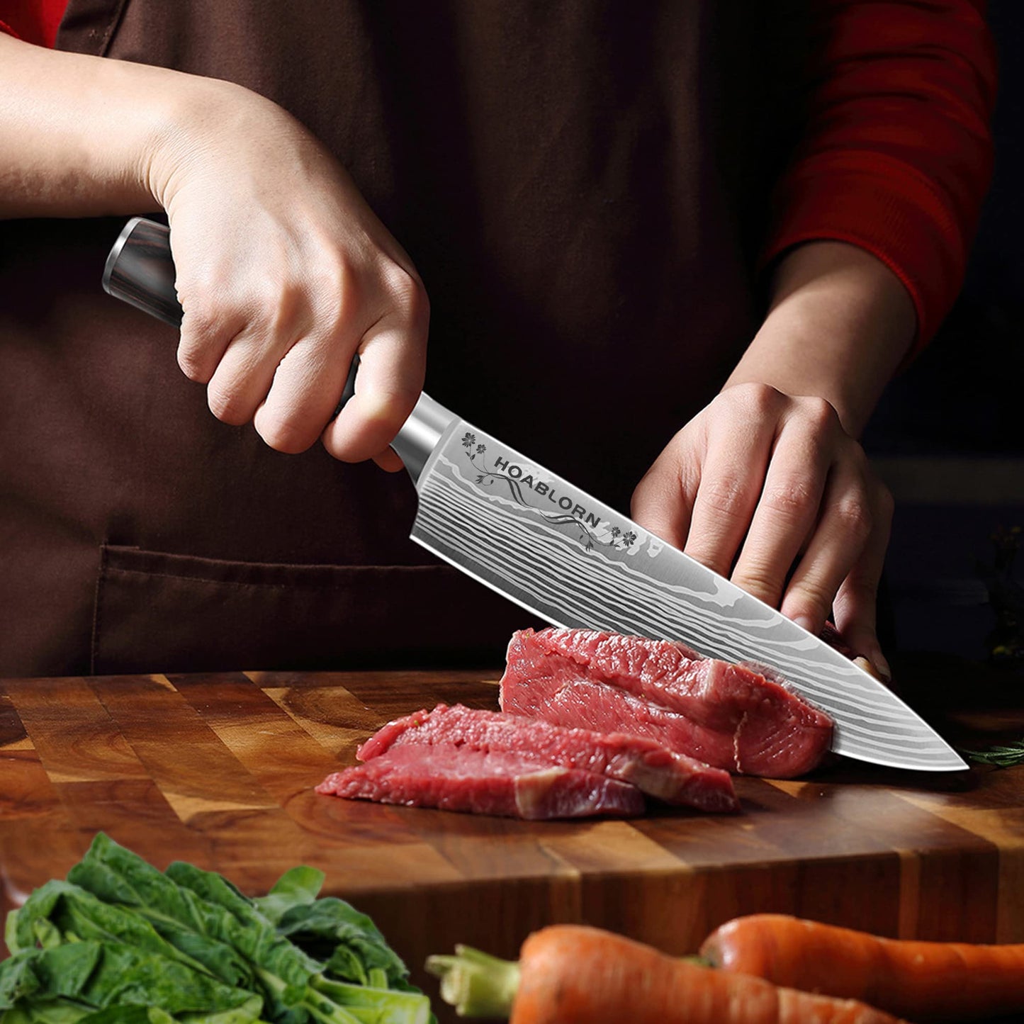 Kitchen Knife Set with Block HOABLORN Luxury 15-piece Knife Block with Knives: Acacia Knife Holder with Strong Magnetic Heart, knife set with block, for housewarming and wedding gifts.