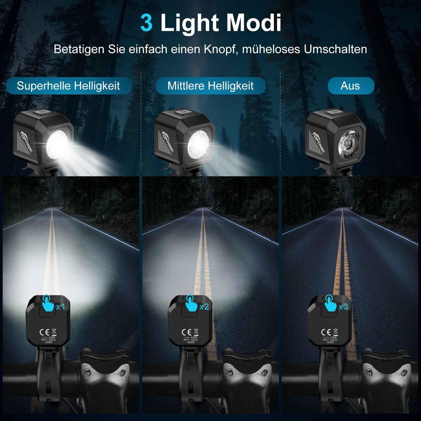 toptrek Bike Light Set USB Rechargeable, StVZO Approved Bike Lights LED Set, IPX5 Waterproof Bike Lighting Set, Low Battery Reminder, Front & Rear Light Set