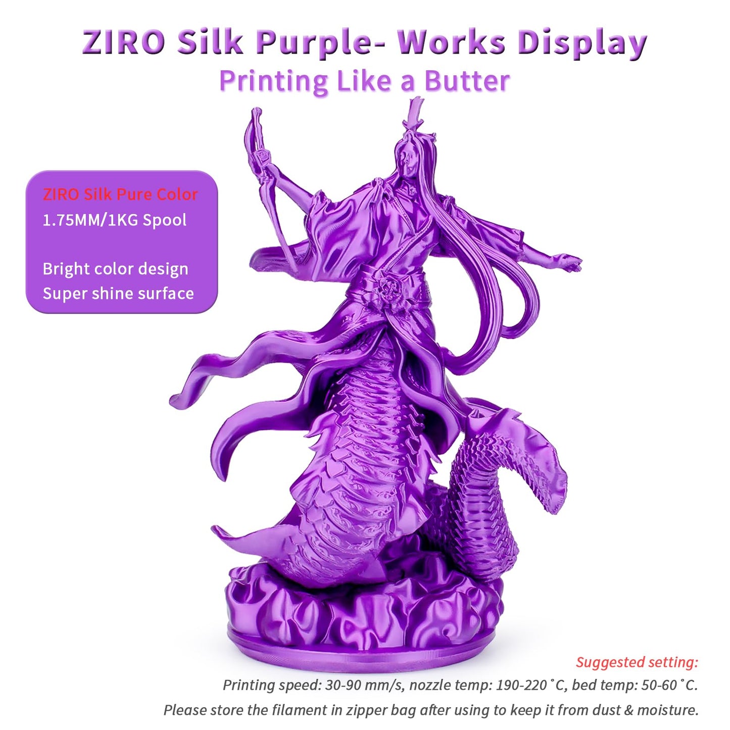 ZIRO Silk PLA 1.75mm Filament, 3D printer filament from the Silk PLA series 1.75mm 1kg, diameter tolerance at +/-0.03mm, Purple