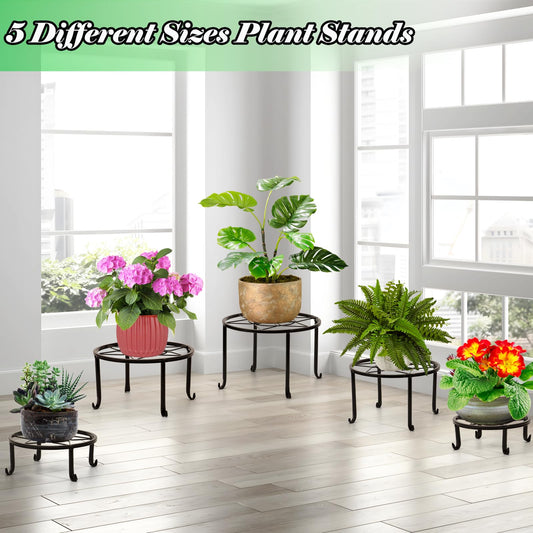 Santentre 5 Pack Plant Stand, Heavy Duty Plant Shelf, Black Metal Flower Stand Indoor Outdoor, Rustproof Iron Plant Stand Flower Bench for Indoor Multiple Plant Display Decor.