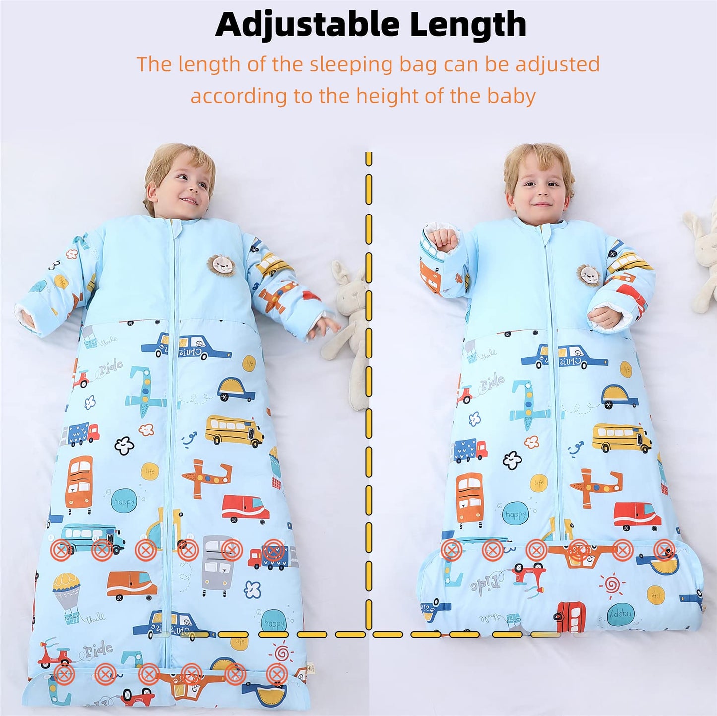 Chilsuessy Winter 2.5 Tog Kids Sleeping Bag with Removable Sleeves Organic Baby Sleeping Bag All Season Sleeping Bag for Boys and Girls 1-10 years old, 2.5 Tog/Colorful Bus, M (70-100 cm)