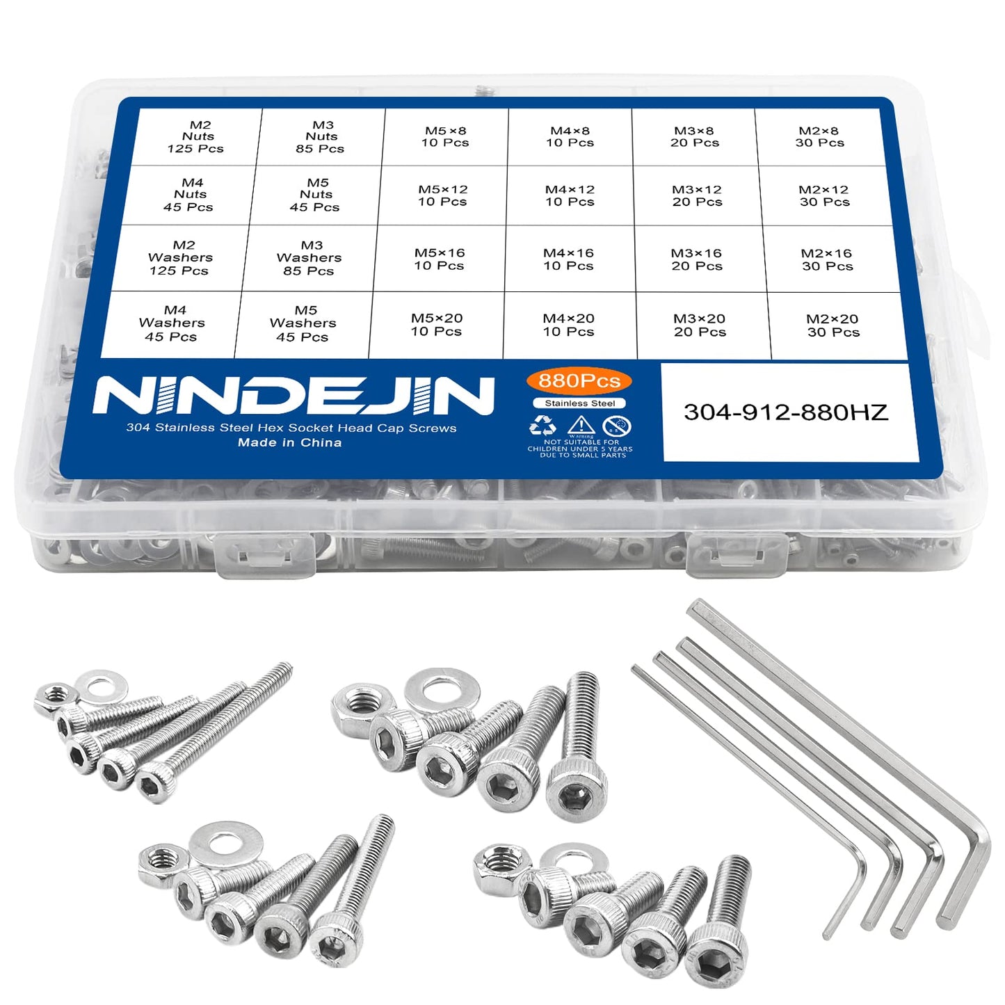 880 Pcs Stainless Steel Hex Head Button Screws, Nuts, and Washers Assortment Kit with flat storage case box + Allen key.