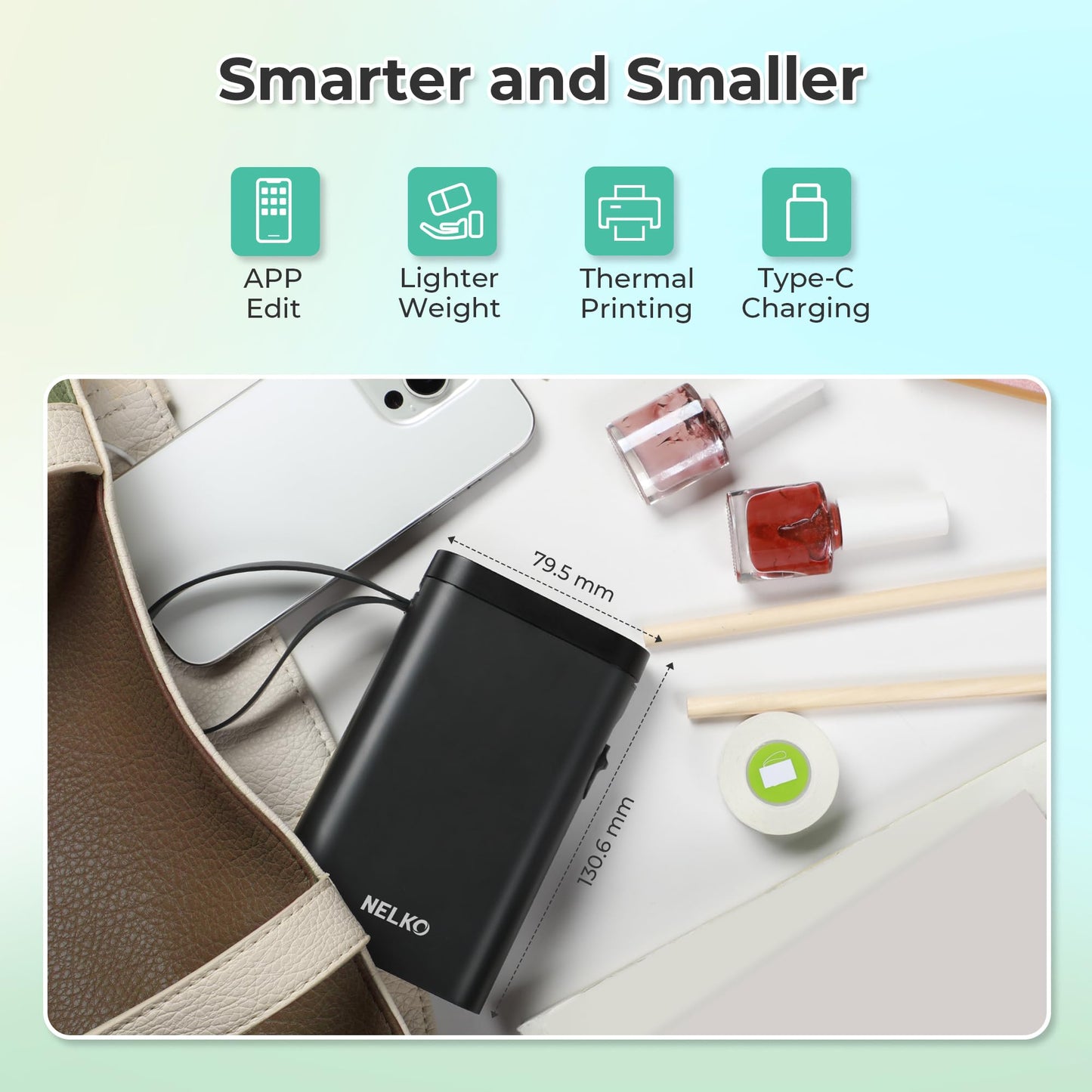 Nelko label printer, Bluetooth P21 self-adhesive labeling machine. Portable label printer, wireless, mini label printer with iOS and Android. For home use, black.