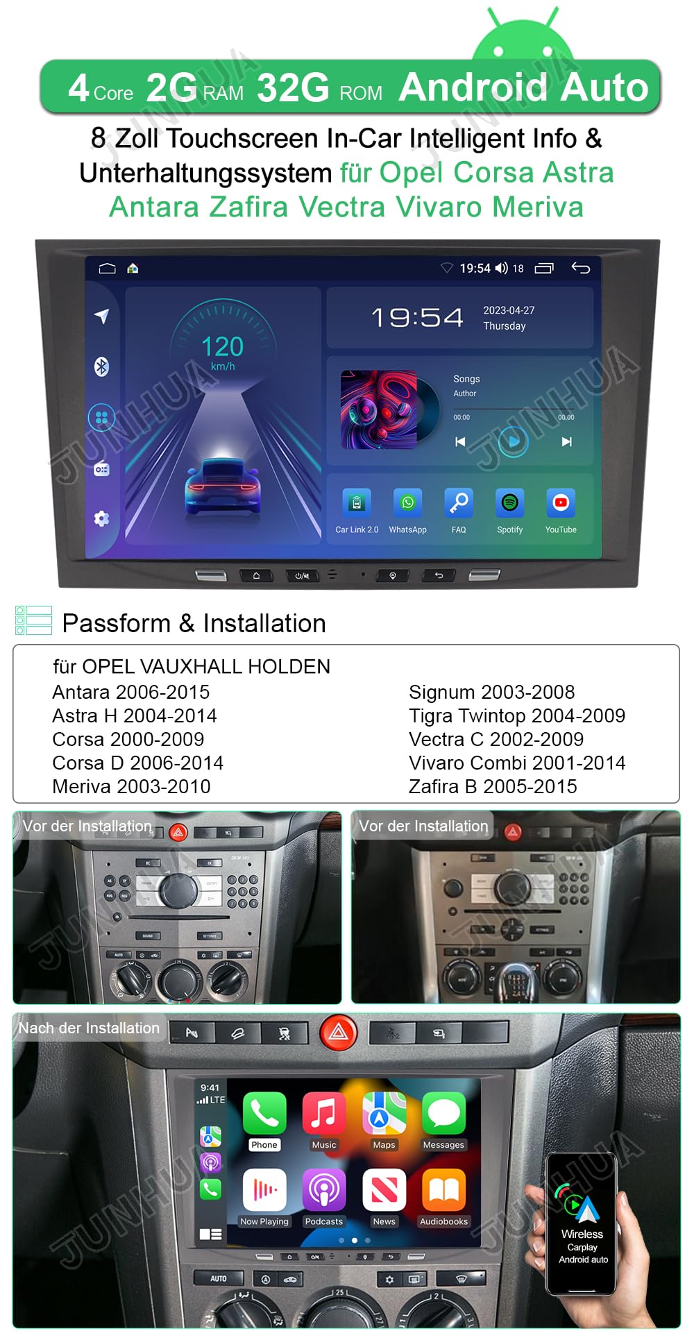 JUNHUA 8" Android 13 2GB+32GB Car Stereo for Opel Corsa c d h Vectra Astra Zafira Meriva Vivaro Twintop Signum Radio Wireless Carplay Android Auto GPS Nav Bluetooth WiFi (Gray)