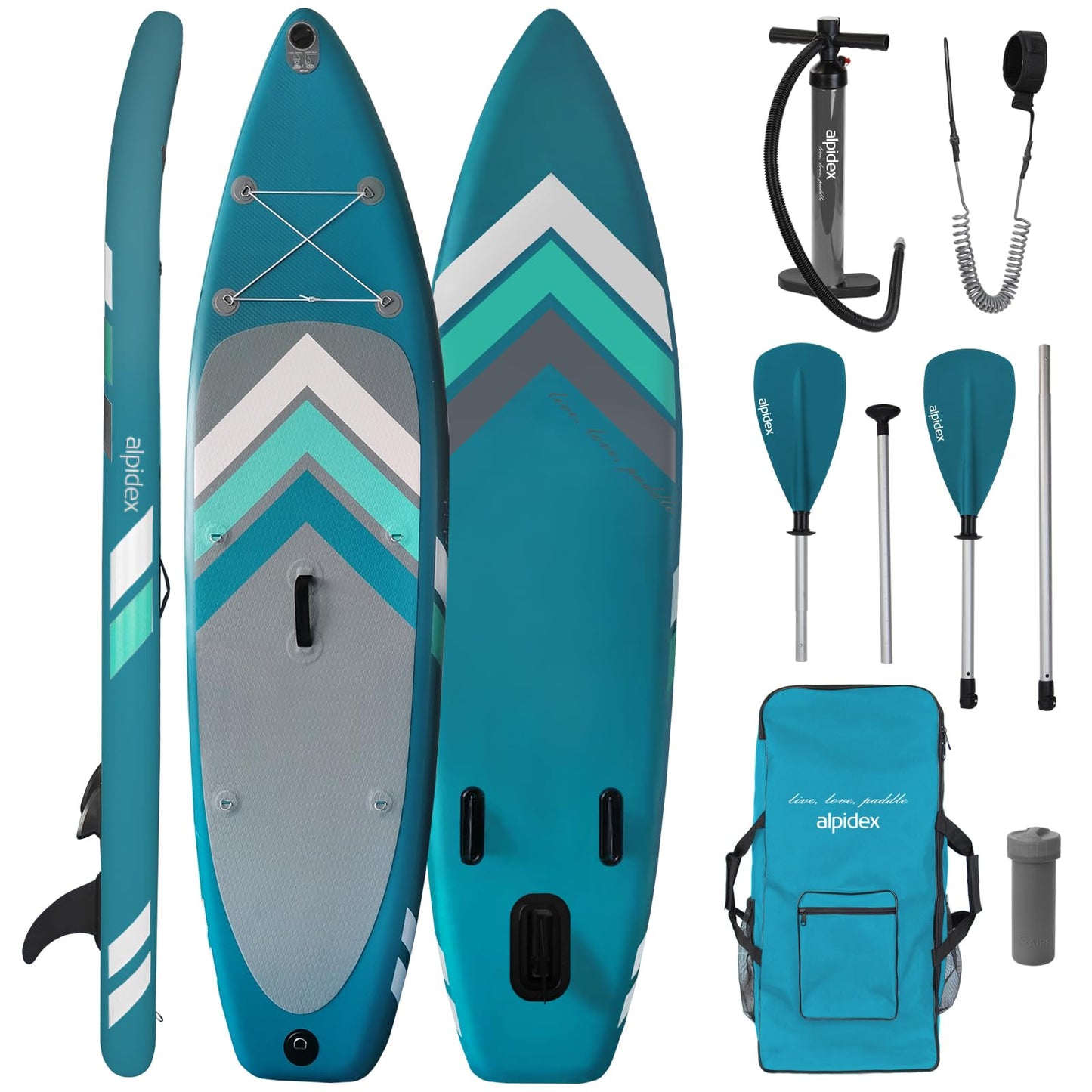 ALPIDEX Stand Up Paddle Set SUP 305 x 76 x 15 cm. Load capacity up to 150 kg. Inflatable, stable, light. Complete set includes carrying bag, paddle, fins, pump, leash, repair kit. Color: Petrol.