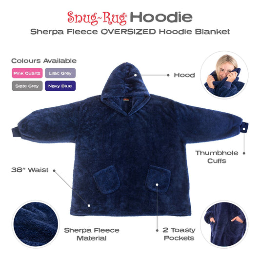 Snug Rug Navy Blue Hoodie Blanket with Sleeves Oversized Sweatshirt Snuggle Blanket with Sleeves Hood Fleece for Men and Women One Size