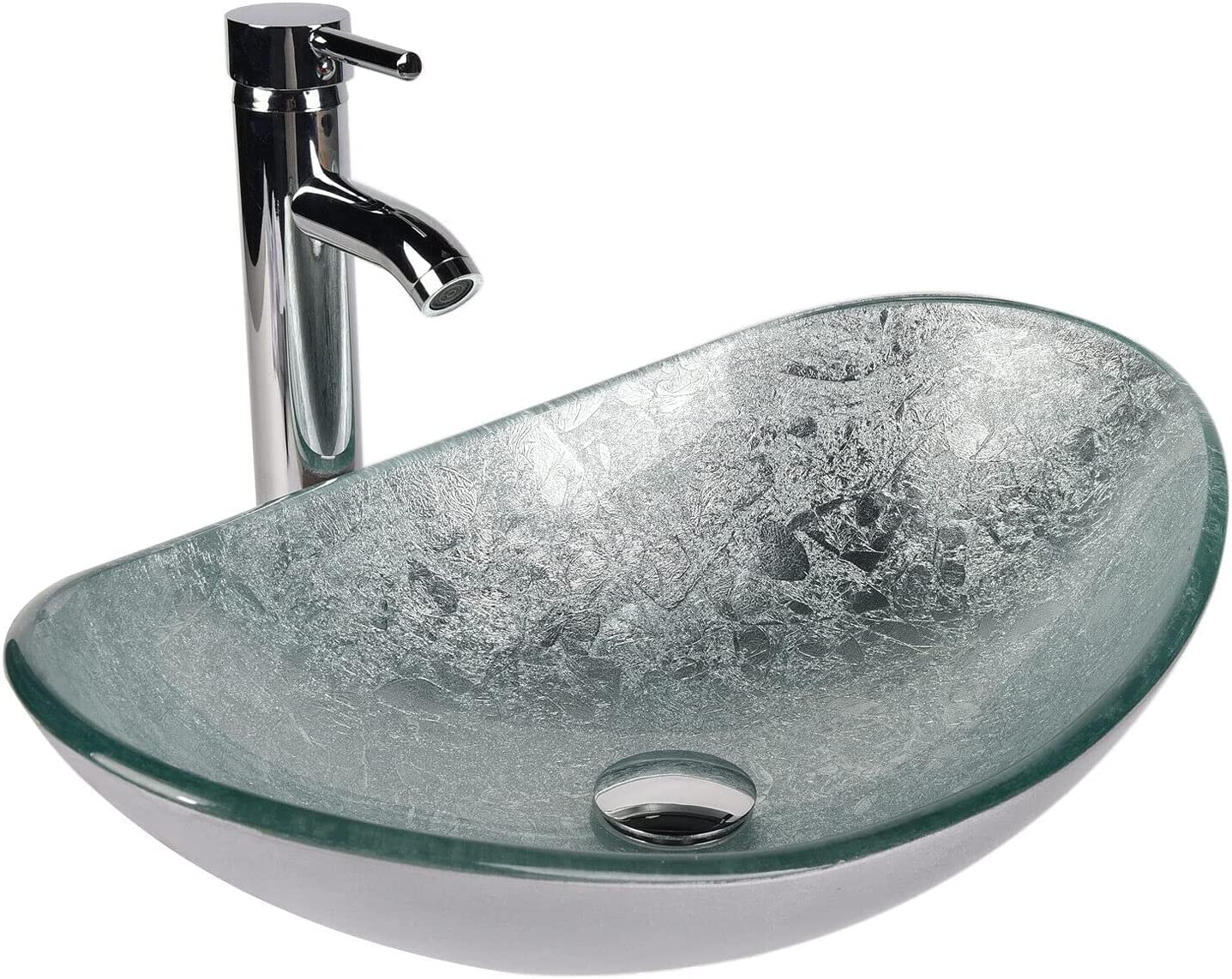 ARTETHYS Glass Countertop Basin with Faucet Drain, Oval Washbasin Vanity Set Silver, Bathroom Kitchen, Guest WC