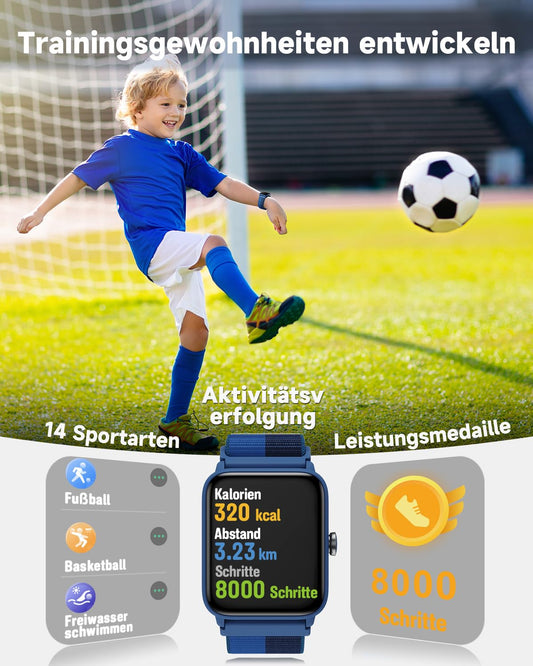 BIGGERFIVE Smartwatch Kids, Fitness Tracker Watch Digital Fitness Watch with Step Counter, 24/7 Heart Rate, 5ATM Waterproof, Sleep Monitor, Alarm, 1.5" HD Touchscreen for Girls Boys 3-14, Nylon