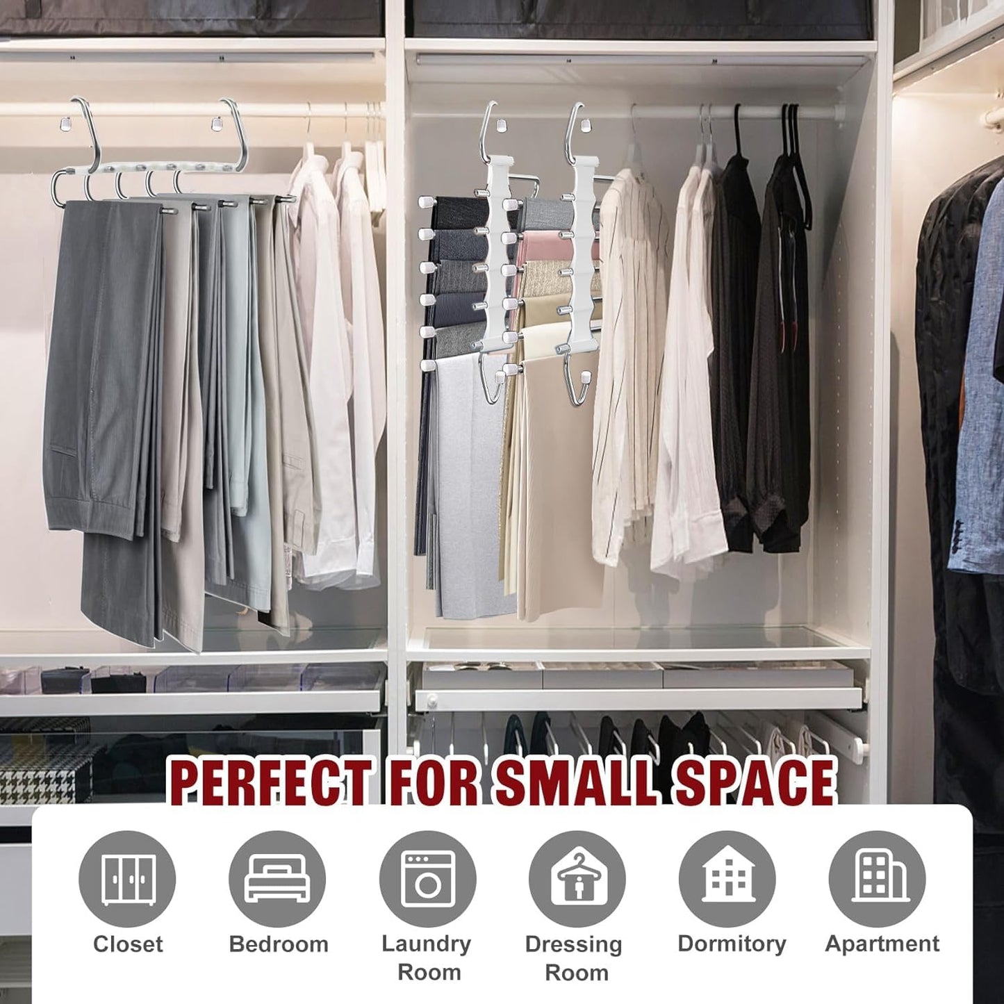 Space-saving 5 IN 1 pants hanger made of stainless steel, extendable for pants, scarfs, jeans, clothing, and towels. Set of 4 - rustproof steel.