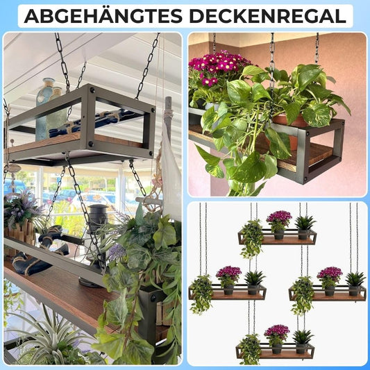 YELLOO - Plant Shelf Indoor Outdoor, Balcony Decor, Metal Flower Stand Hanging Shelf with Chains for Garden, Ideal for Outdoor Planters (FLOWERS 115 cm, Brown/Walnut)