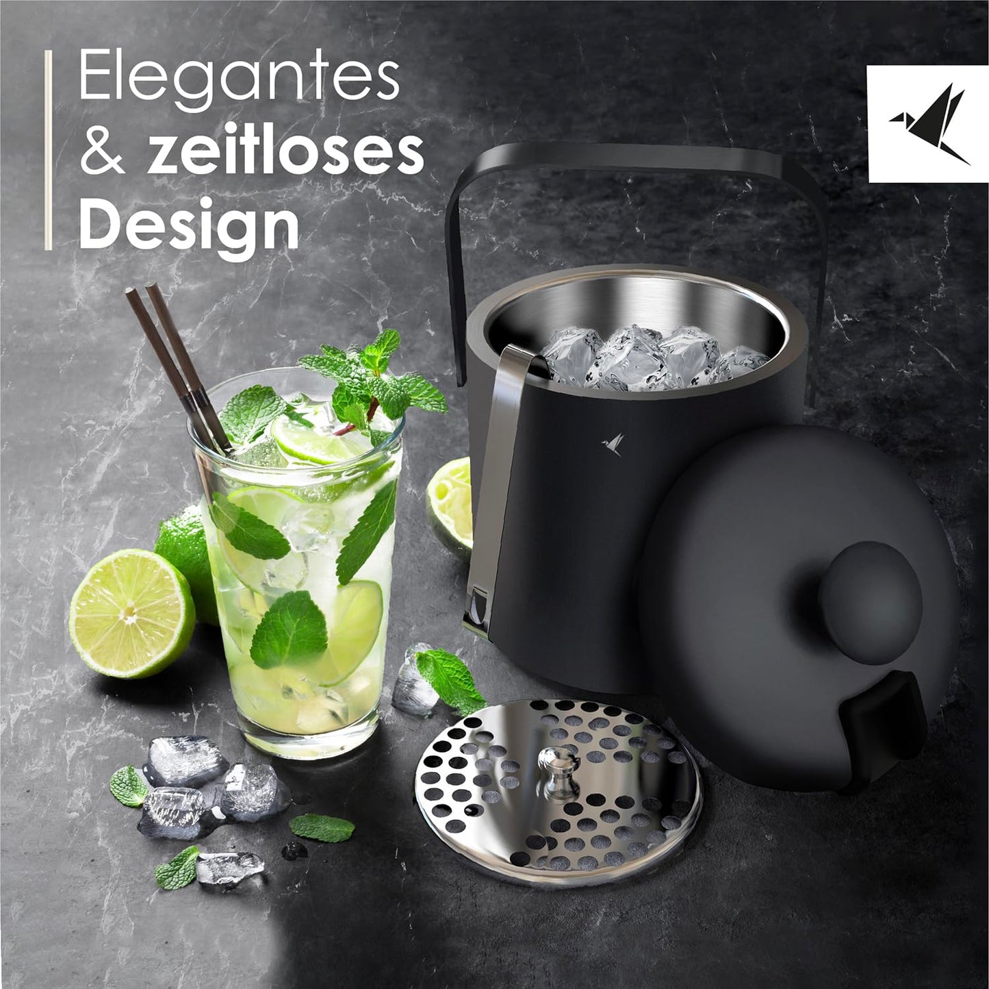 Beyond Ice Bucket with Lid and Tongs 100% BPA free made of stainless steel - Double walled ice bucket, 1.3 liters. Ice container for ice cubes, ice bucket for ice cube storage (black).