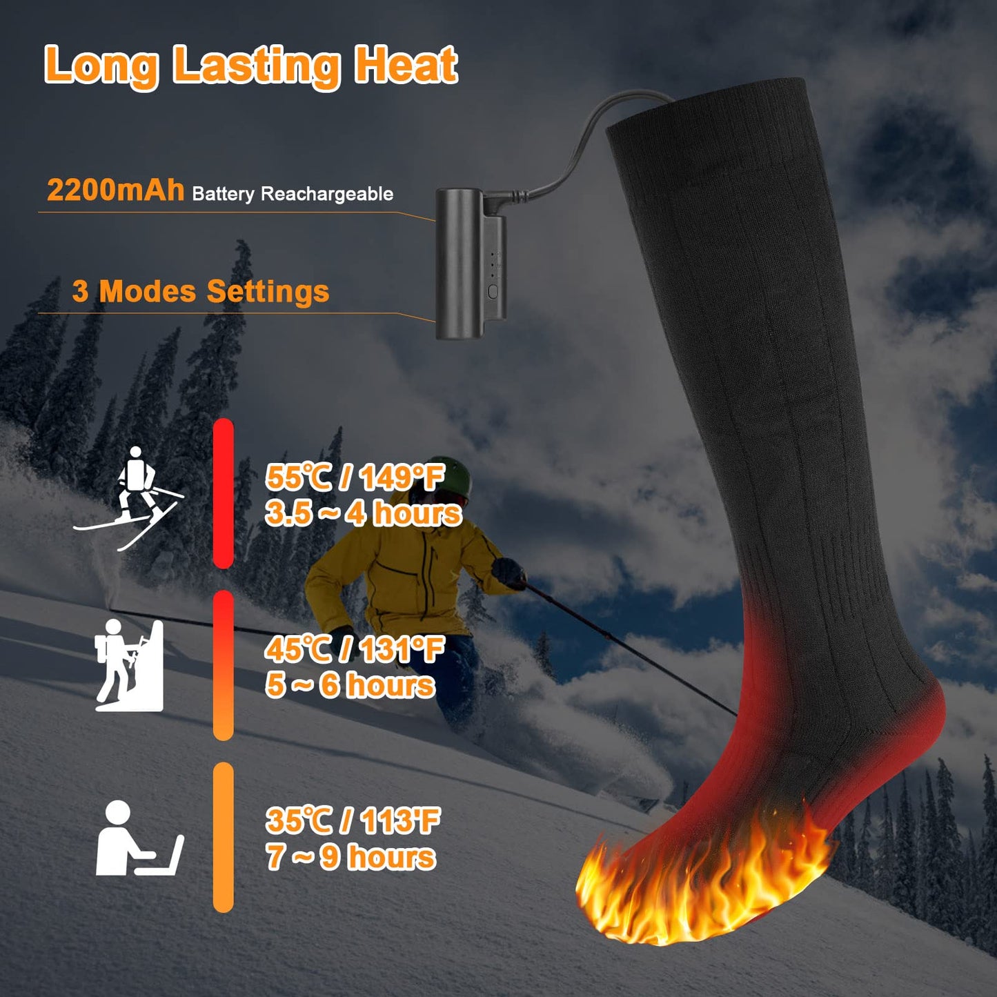 Flintonic Heated Socks, Rechargeable Heated Socks for Men and Women, Foot Warmer Heating Socks with 3 Adjustable Temperatures, 2200mAH Electric Foot Warmer Warm Socks for Skiing Outdoor.