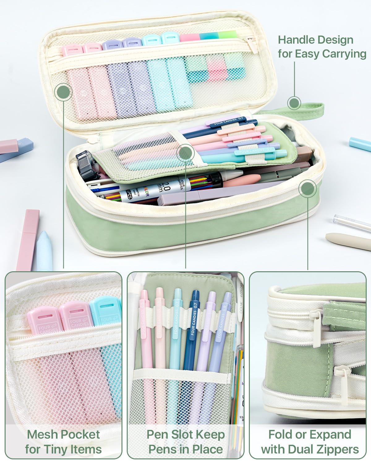 Aesthetic school supplies with pencil case, 6 colored pens, 12 pastel highlighters, 5 black ink gel pens, and 9 mechanical pencils 0.5-2.0 mm (green) - 56 PCS.
