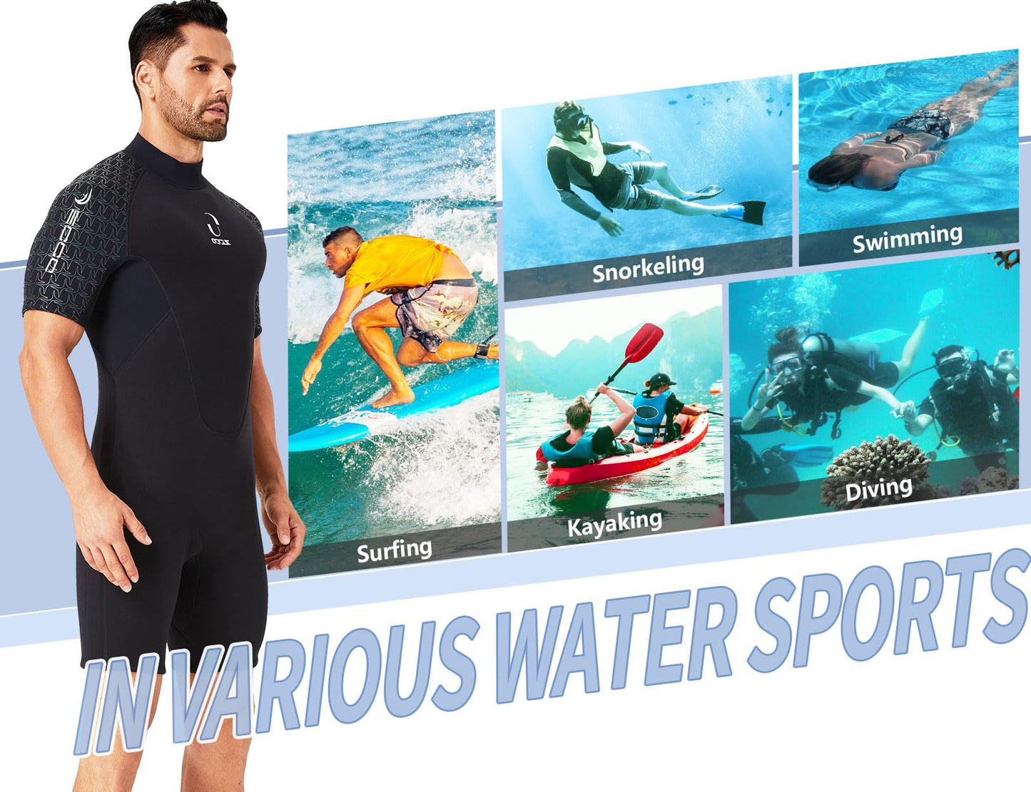Women's Back Zip Shorty Wetsuit Men's 3mm Neoprene Short Sleeve for Surfing Swimming Kayaking Snorkeling Canoeing Diving (Men's Black, 4XL)