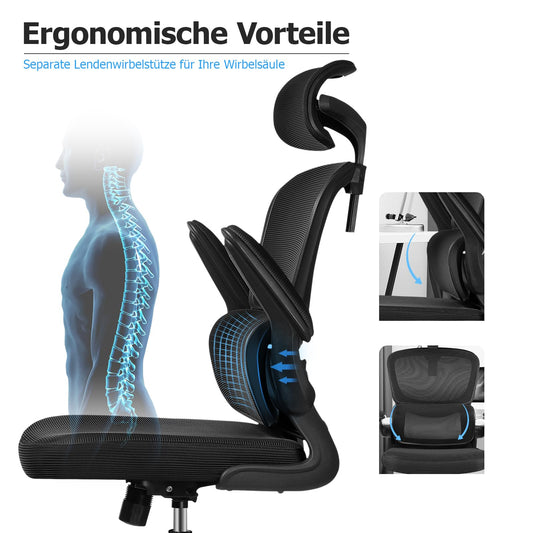 Razzor Ergonomic Office Chair with Adjustable Headrest, Lumbar Support, Mesh Computer Chair with Flip-Up Armrests, Executive Chair with Tilt Function 90°-135°