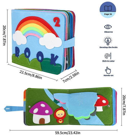 Quiet Book with 16 themes, 3D felt Busy Book, Educational sensory fabric book, Learning toy for toddlers aged 1 2 3 4 years.