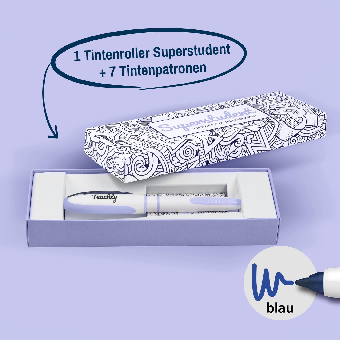 Teachly Superstudent Fountain Pen - Refillable pen for college, school & office (Lilac) - Includes 7 ink cartridges (Blue)